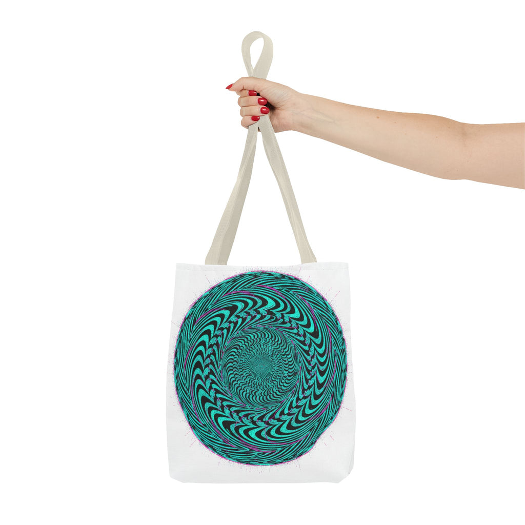 Psychedelic Spiral Tote Bag — Teal Optical Illusion All-Over Print