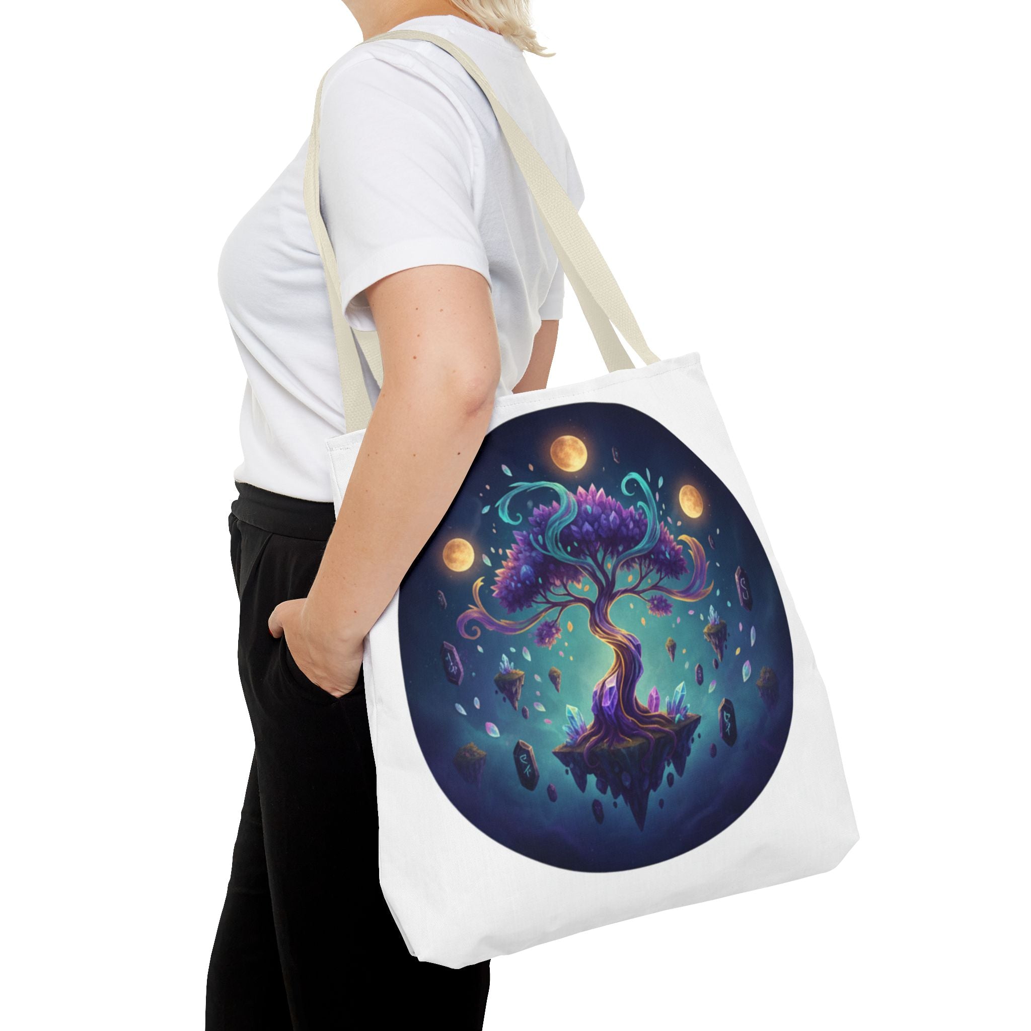Mystic Floating Tree Tote Bag — Cosmic Moonlight Illustration All-Over Print
