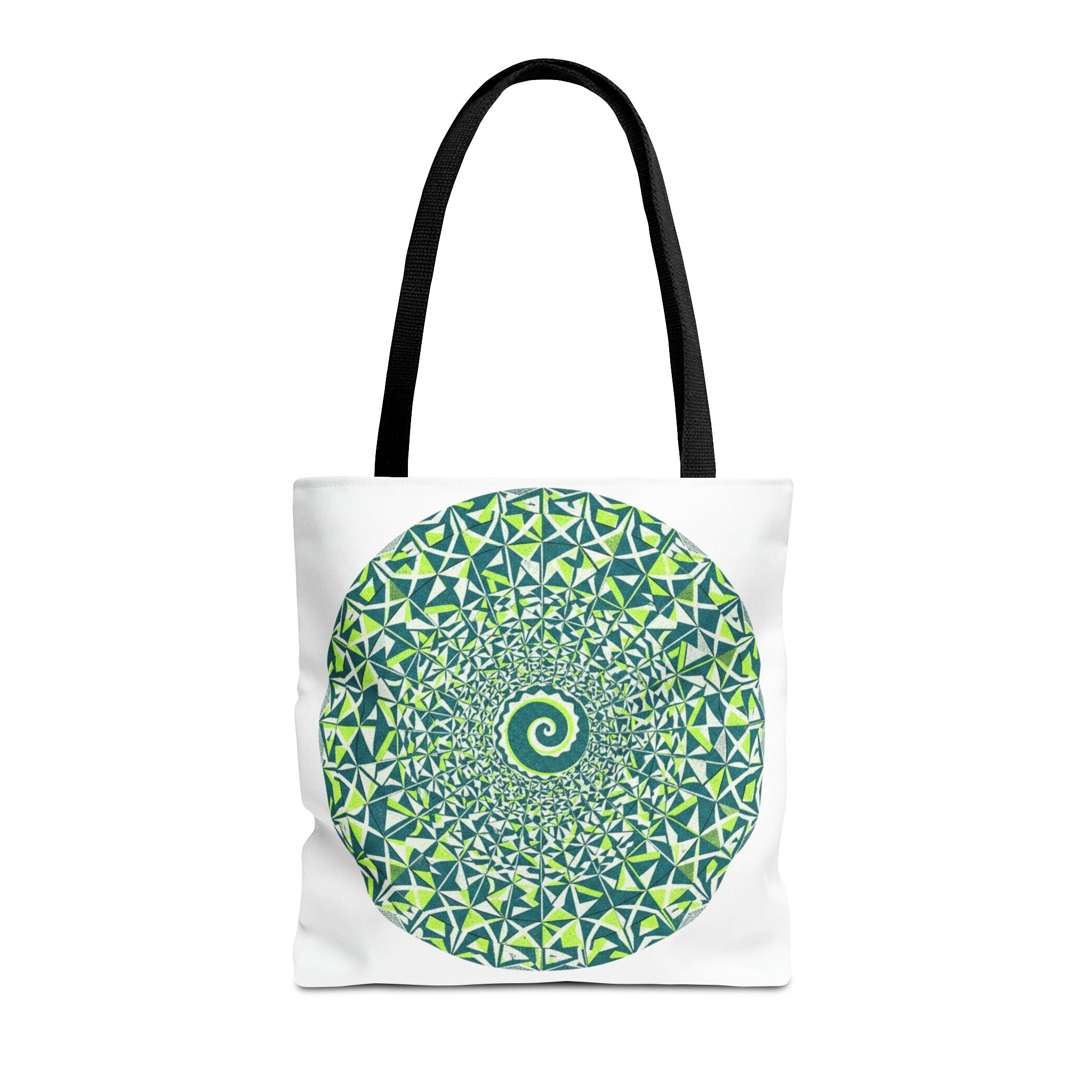 Spiral Mandala Tote Bag — Green Geometric All-Over Print Tote