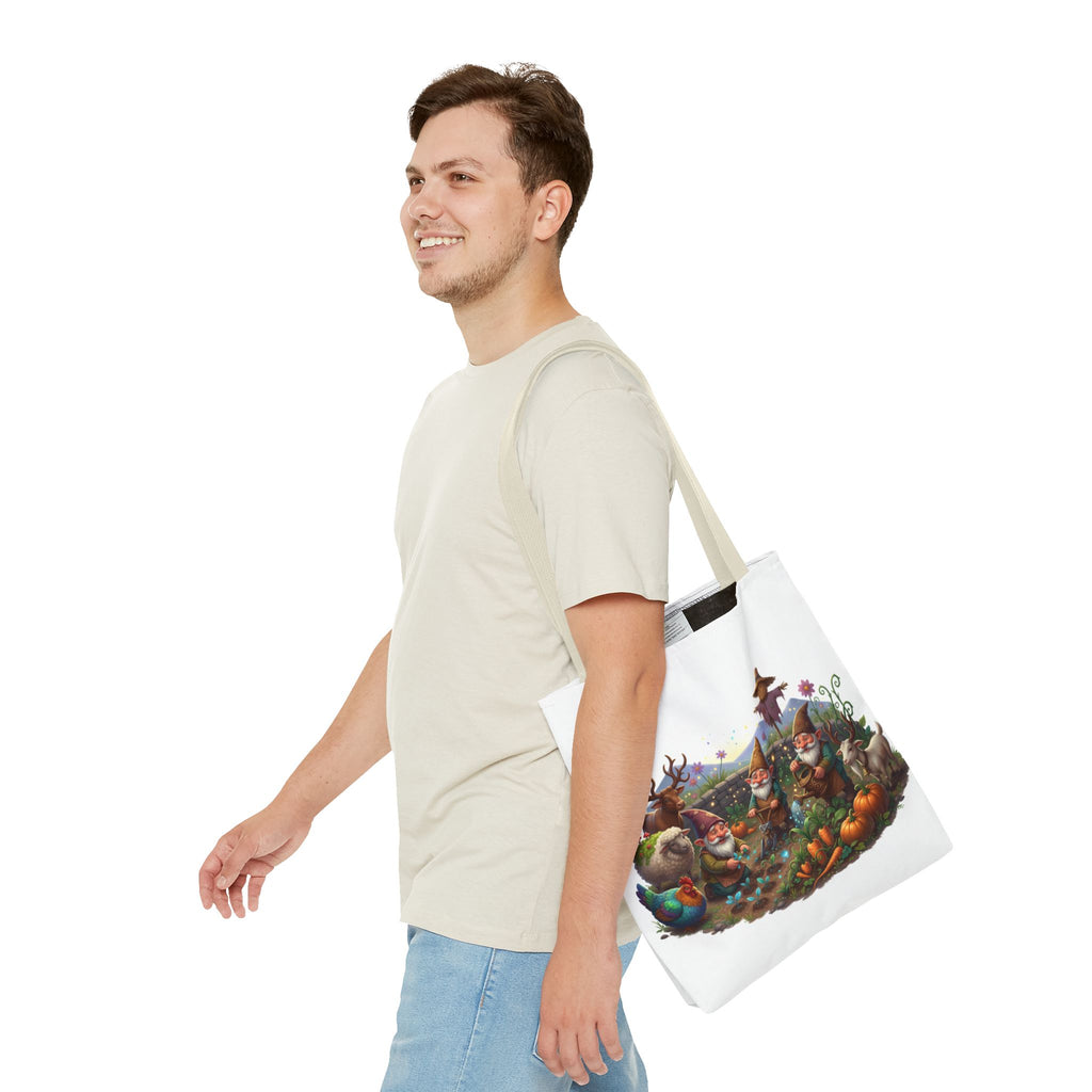 Gnome Garden Tote Bag — Whimsical Gnome & Pumpkin Illustration AOP Tote