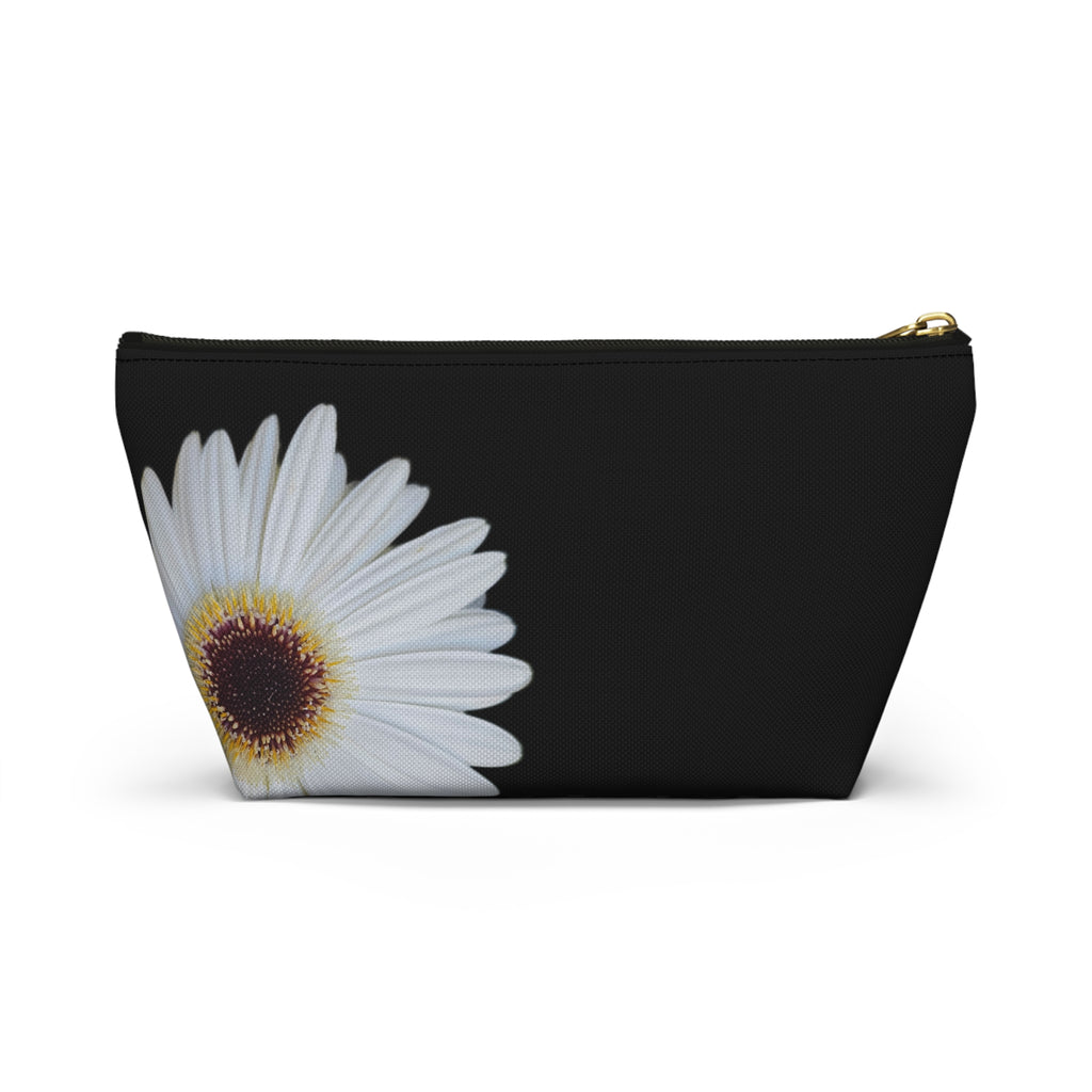Daisy Floral Accessory Pouch — Black T‑Bottom Makeup Bag