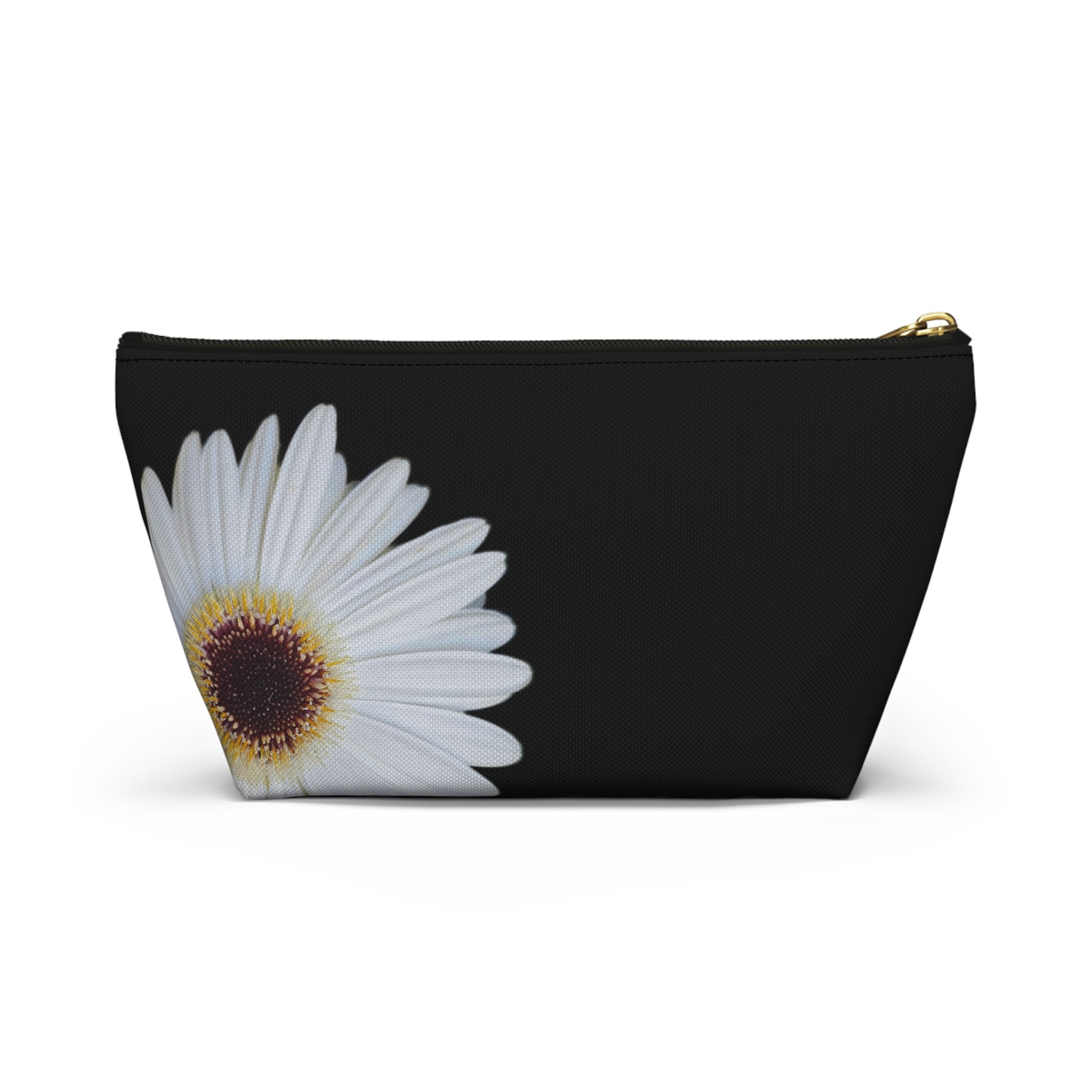 Daisy Floral Accessory Pouch — Black T‑Bottom Makeup Bag