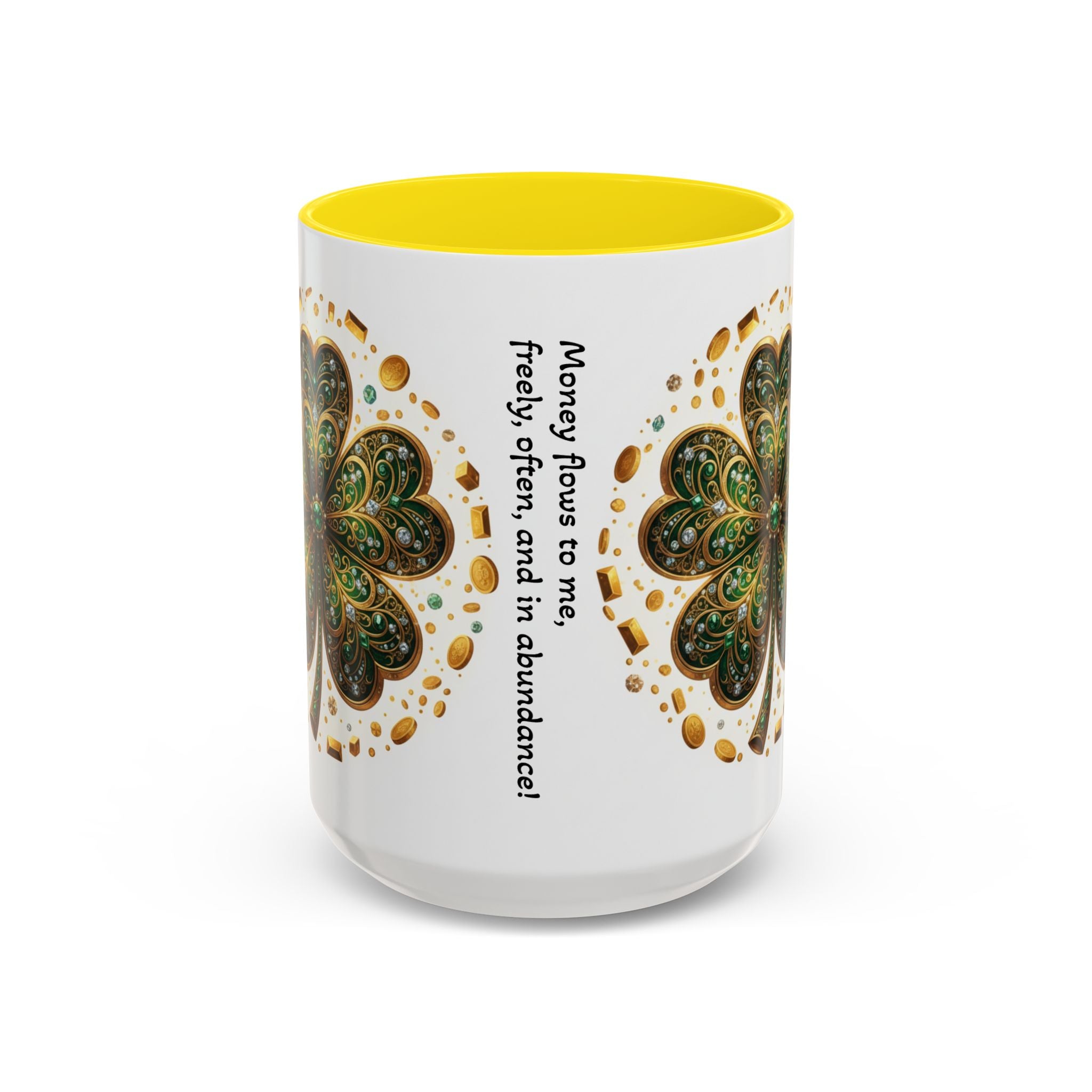 St. Patrick's Shamrock Coffee Mug — "Money Flows to Me" Lucky Charm Accent Mug