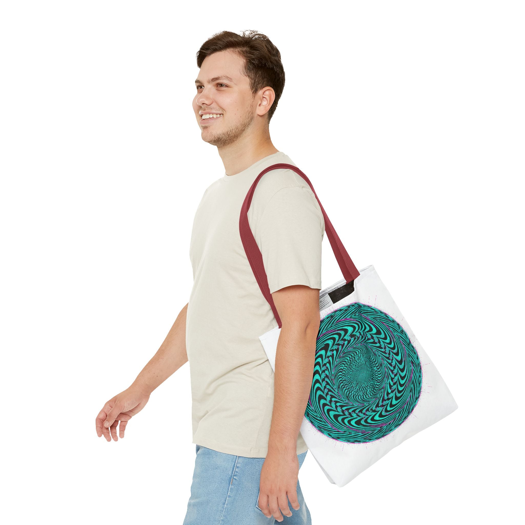 Psychedelic Spiral Tote Bag — Teal Optical Illusion All-Over Print