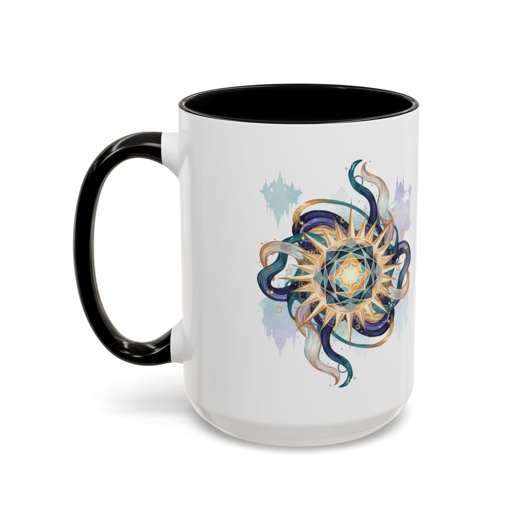 Celestial Nautilus Accent Coffee Mug — Ocean Sun Compass Art (11/15oz)