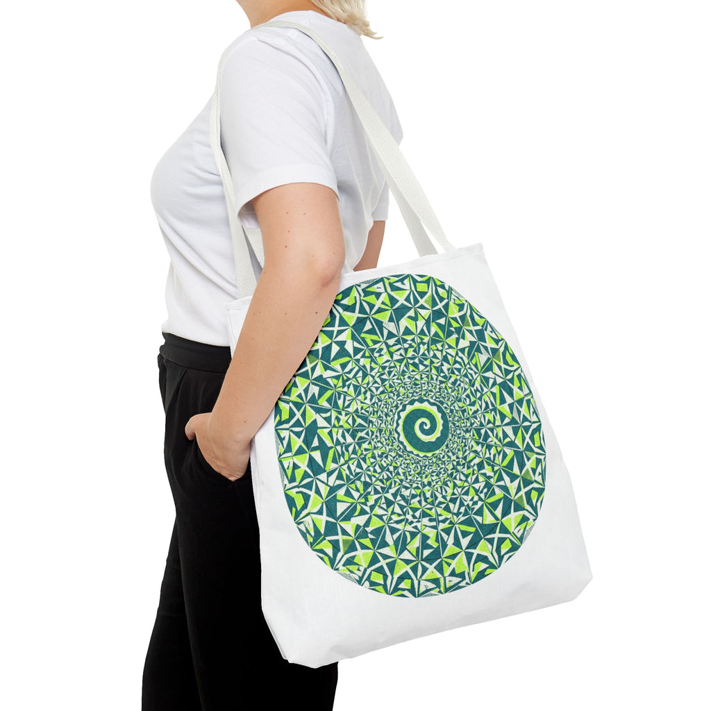 Spiral Mandala Tote Bag — Green Geometric All-Over Print Tote