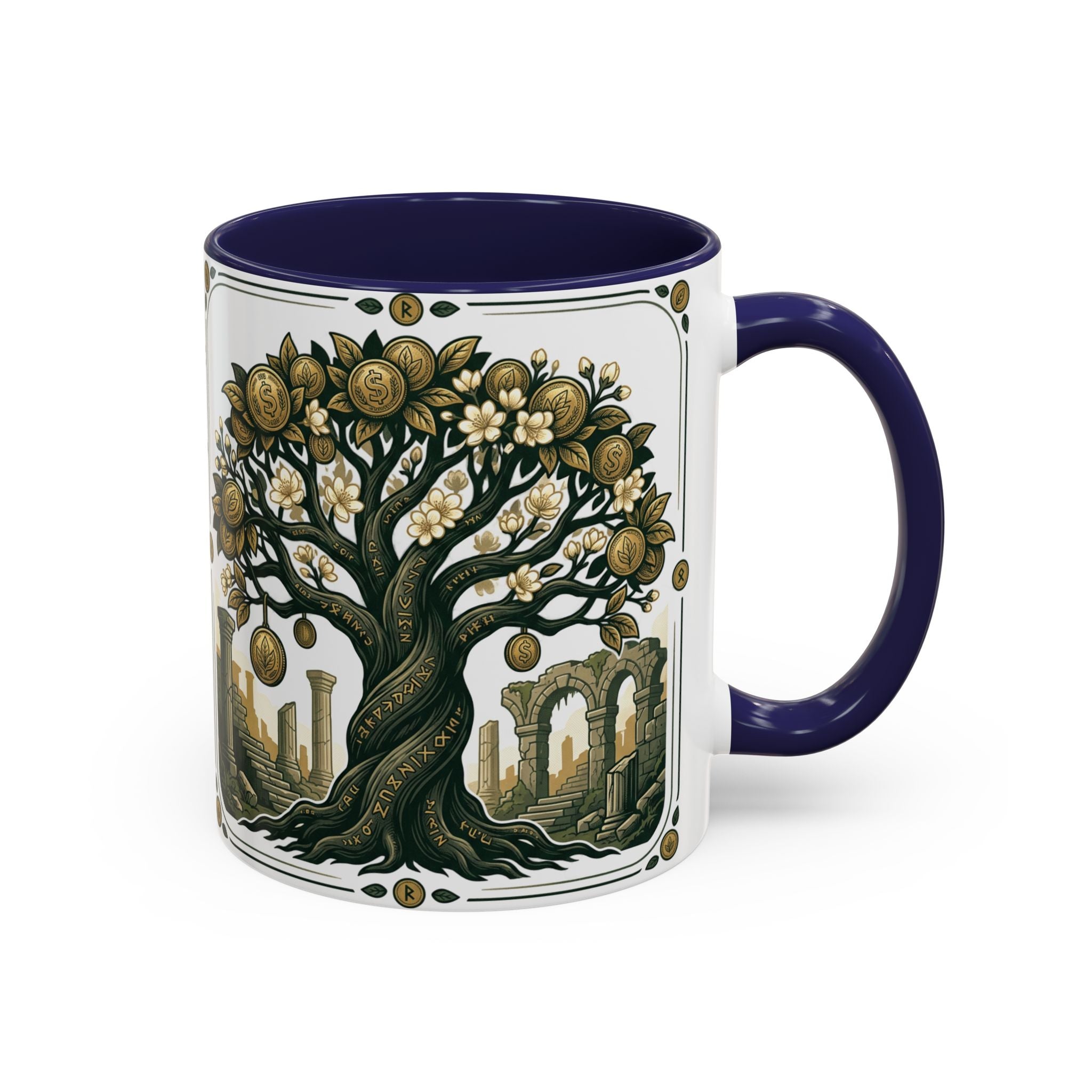 Ornate Tree of Coins Coffee Mug — Gold Ruins Accent Ceramic Mug (11/15oz)