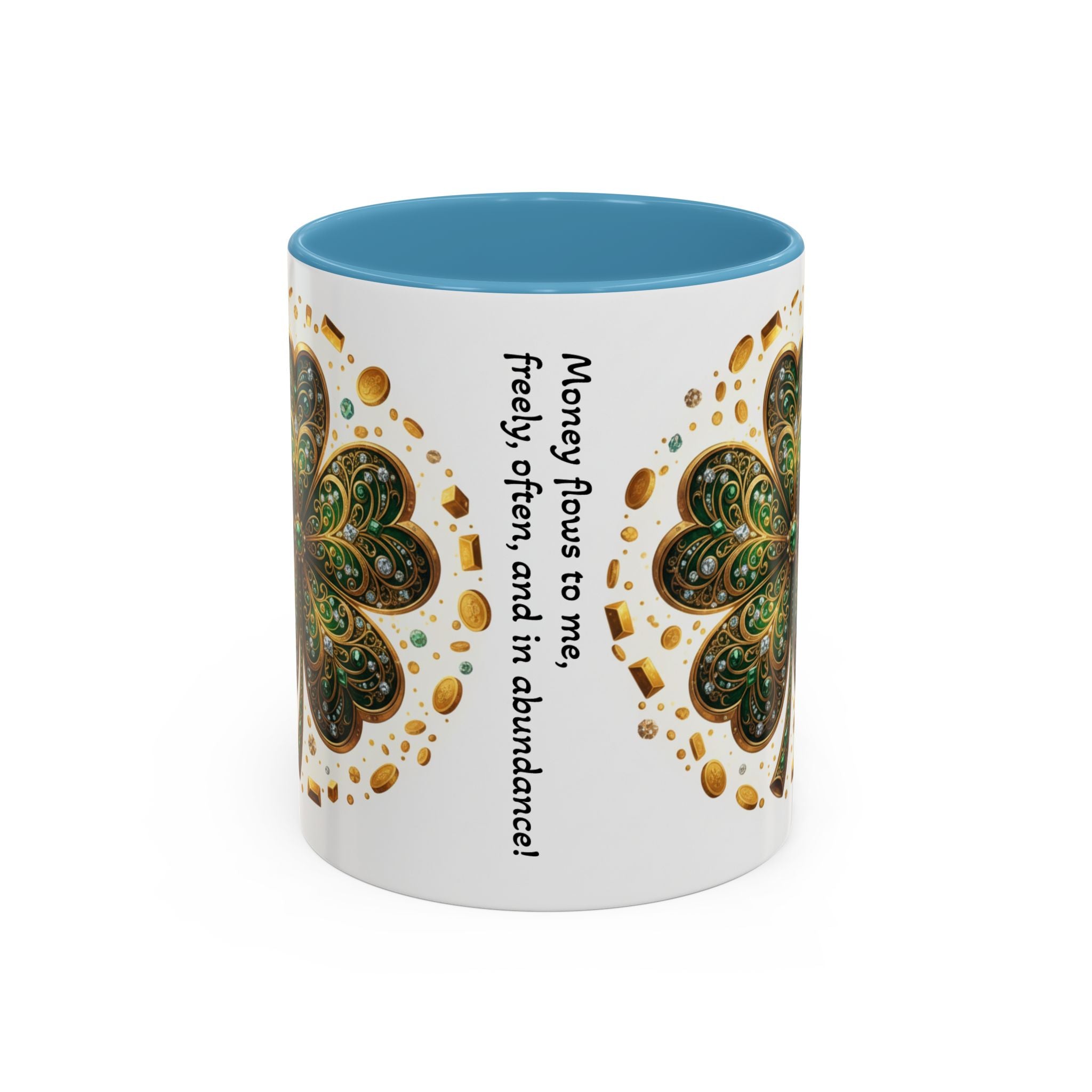 St. Patrick's Shamrock Coffee Mug — "Money Flows to Me" Lucky Charm Accent Mug