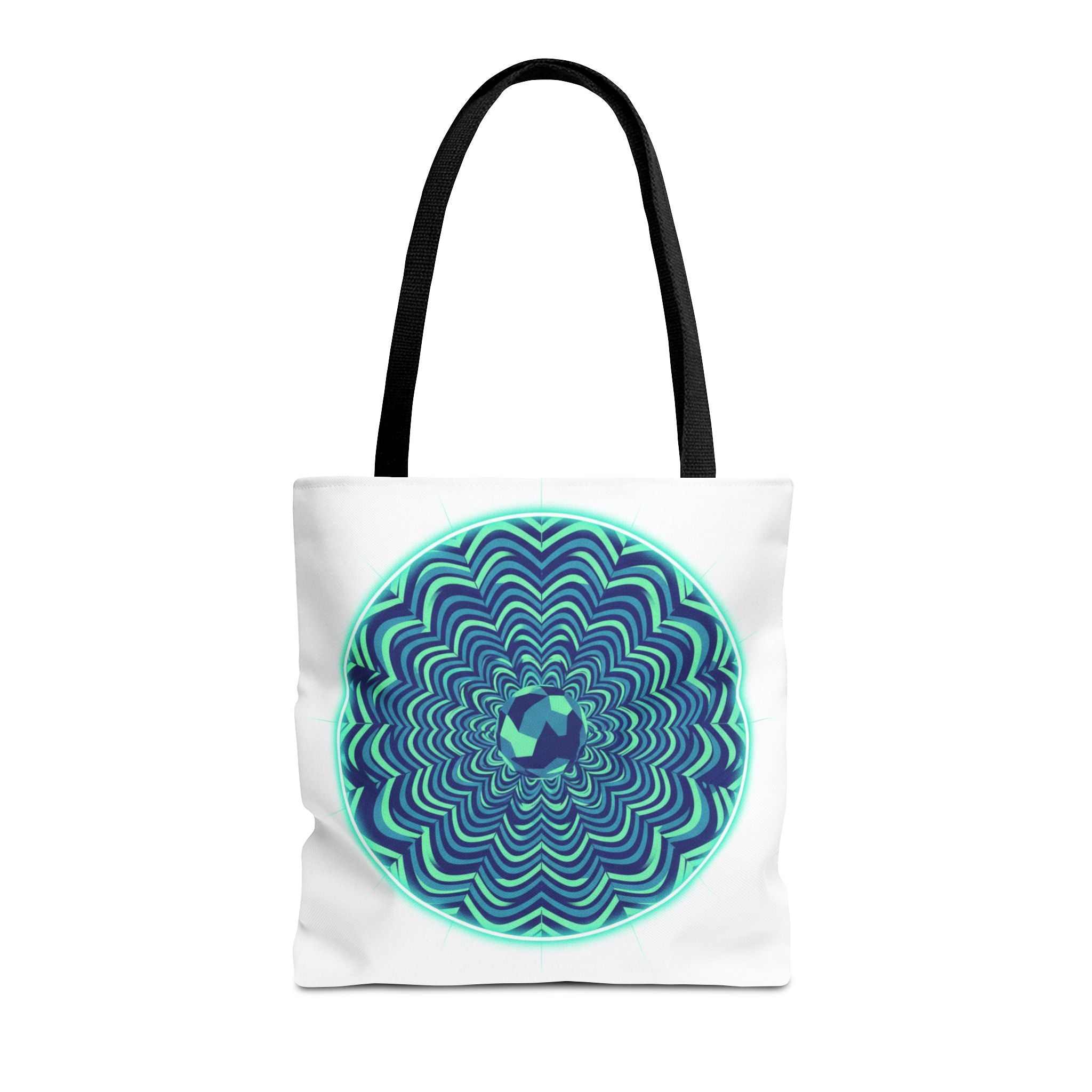 Psychedelic Mandala Tote Bag — Blue Green Optical Art All-Over Print