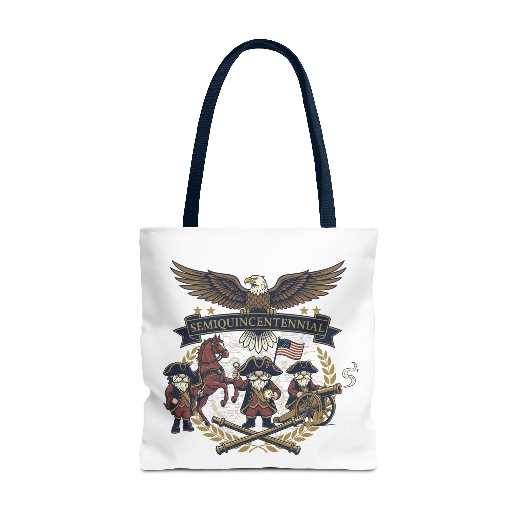 Semiquincentennial Patriotic Tote Bag — Eagle, Colonial Soldiers & Flags All-Over Print