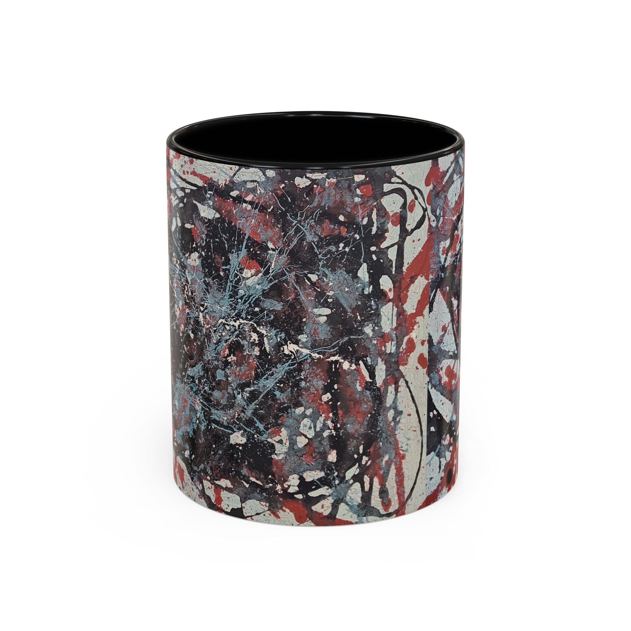 Abstract Splatter Accent Coffee Mug — Red, Black & White Artistic Design (11/15oz)
