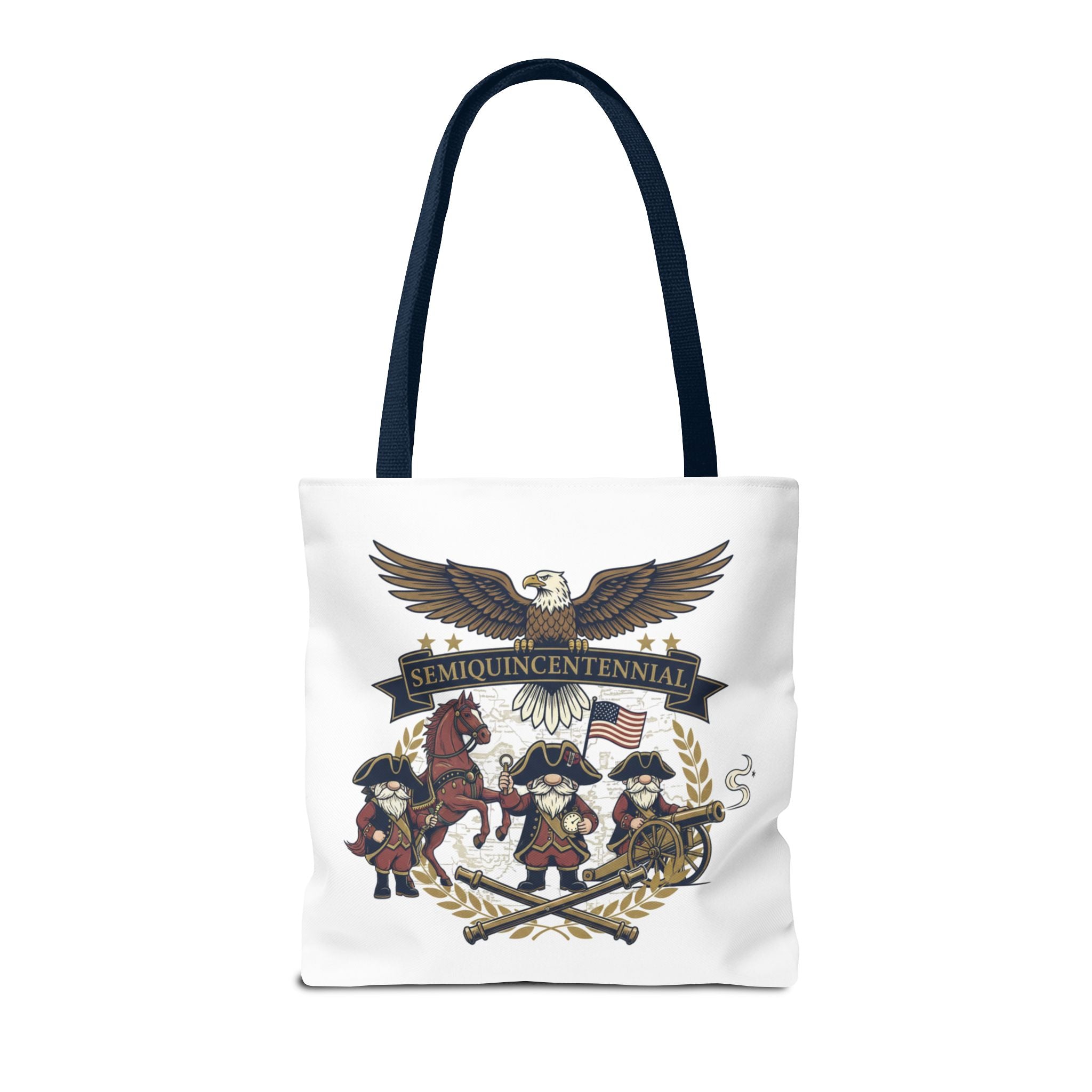 Semiquincentennial Patriotic Tote Bag — Eagle, Colonial Soldiers & Flags All-Over Print