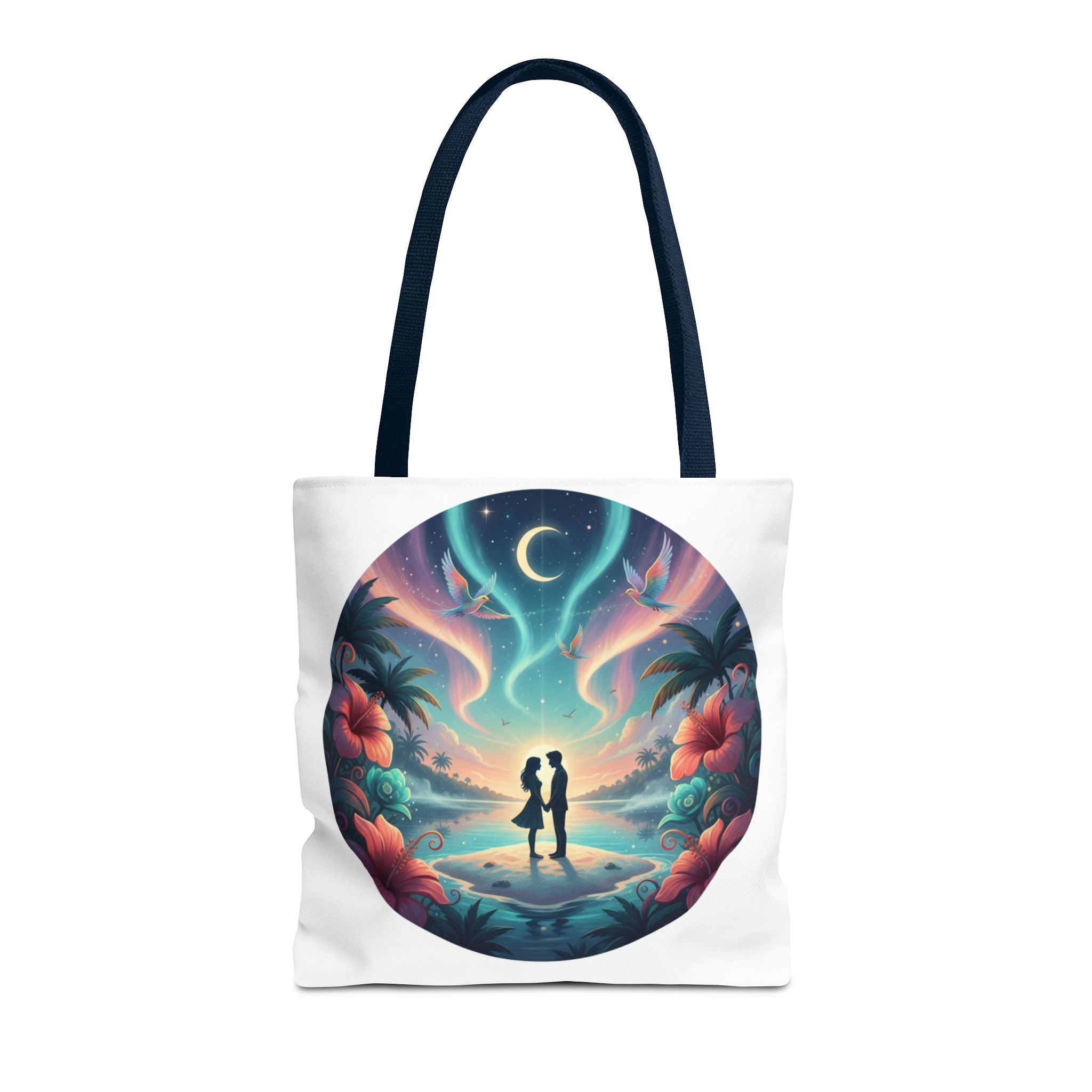 Romantic Moonlit Beach Tote Bag — Couple Silhouette Tropical Night Print