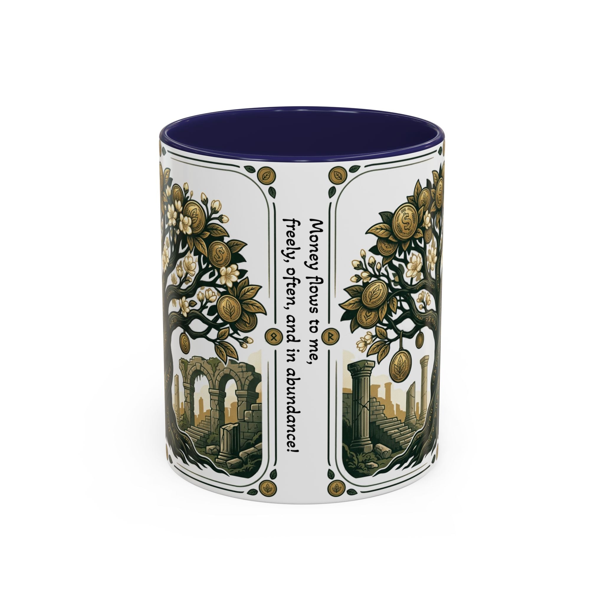 Ornate Tree of Coins Coffee Mug — Gold Ruins Accent Ceramic Mug (11/15oz)