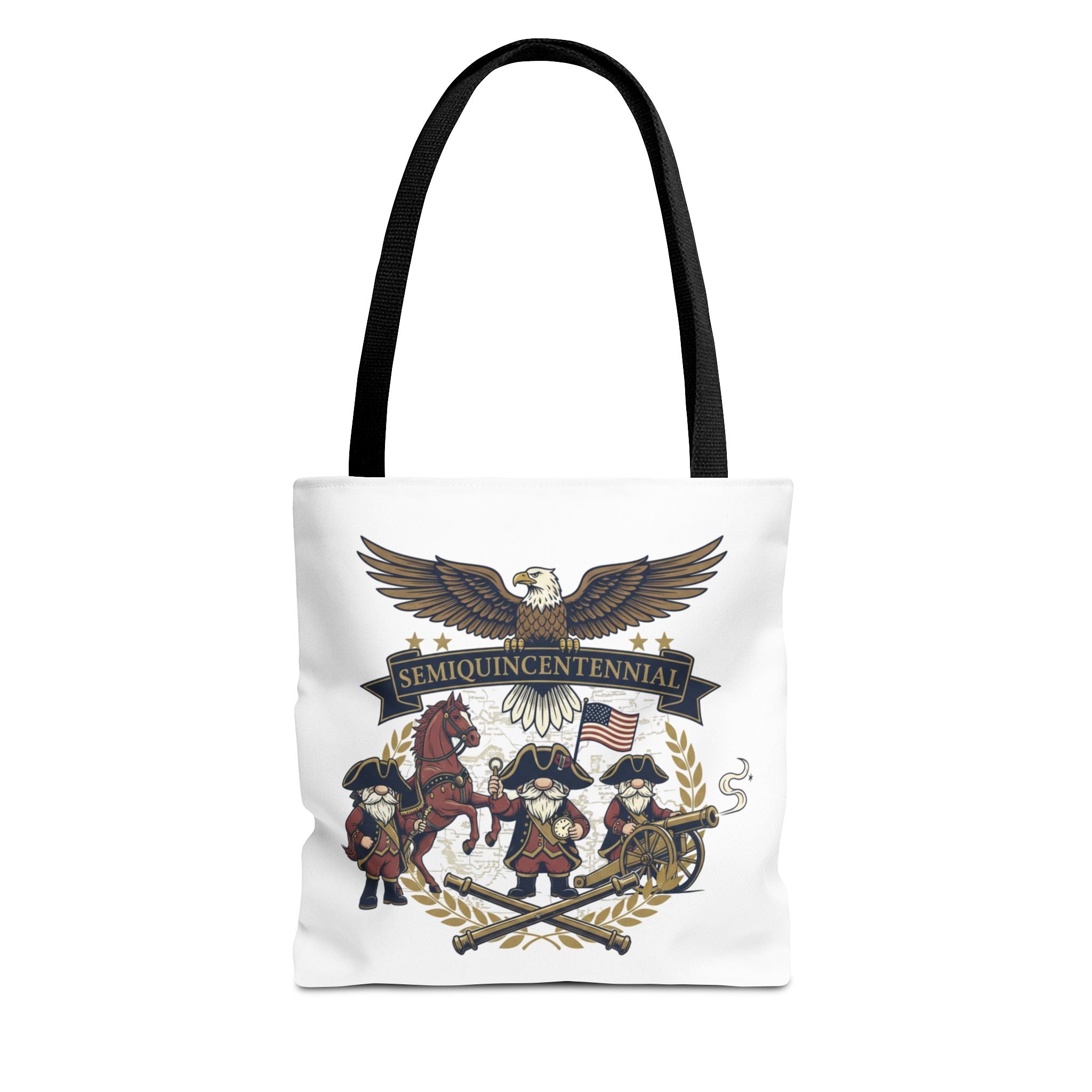 Semiquincentennial Patriotic Tote Bag — Eagle, Colonial Soldiers & Flags All-Over Print