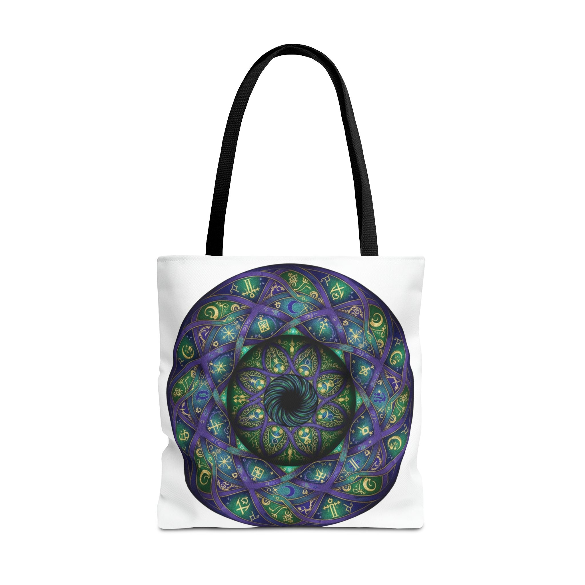 Mystic Mandala Tote Bag — Purple Green Spiral All-Over Print