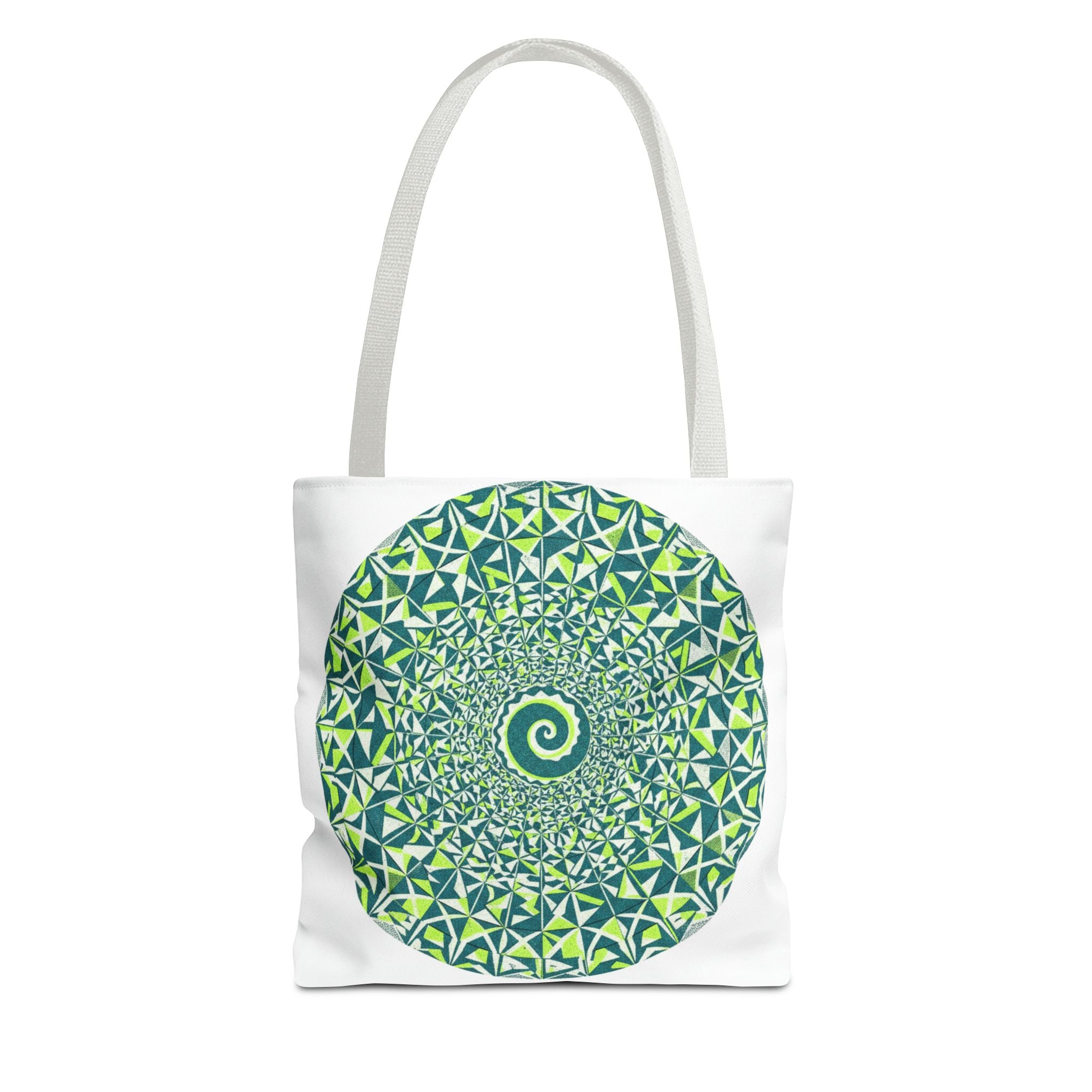 Spiral Mandala Tote Bag — Green Geometric All-Over Print Tote