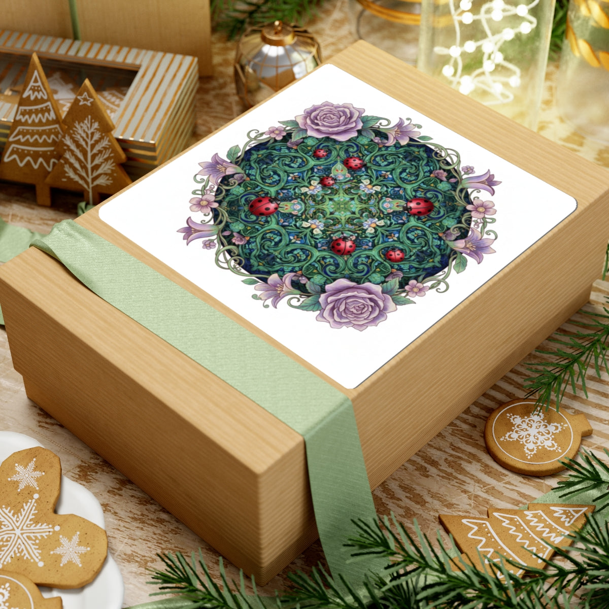 Floral Ladybug Mandala Sticker — Decorative Kiss-Cut Vinyl Sticker