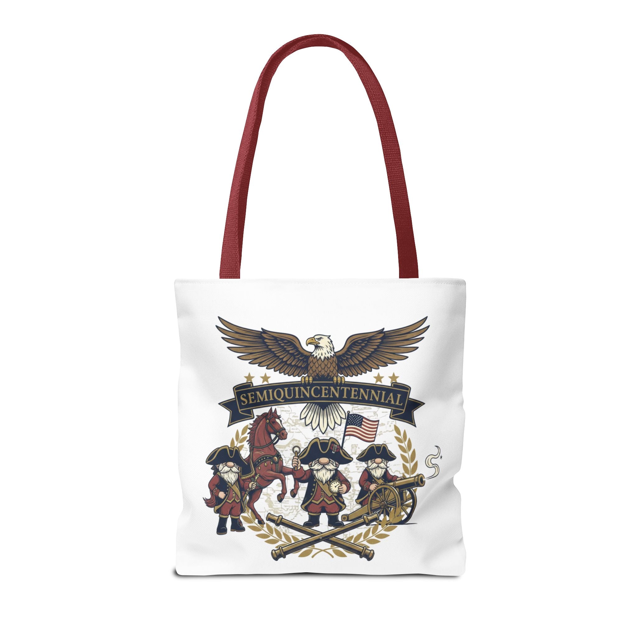 Semiquincentennial Patriotic Tote Bag — Eagle, Colonial Soldiers & Flags All-Over Print