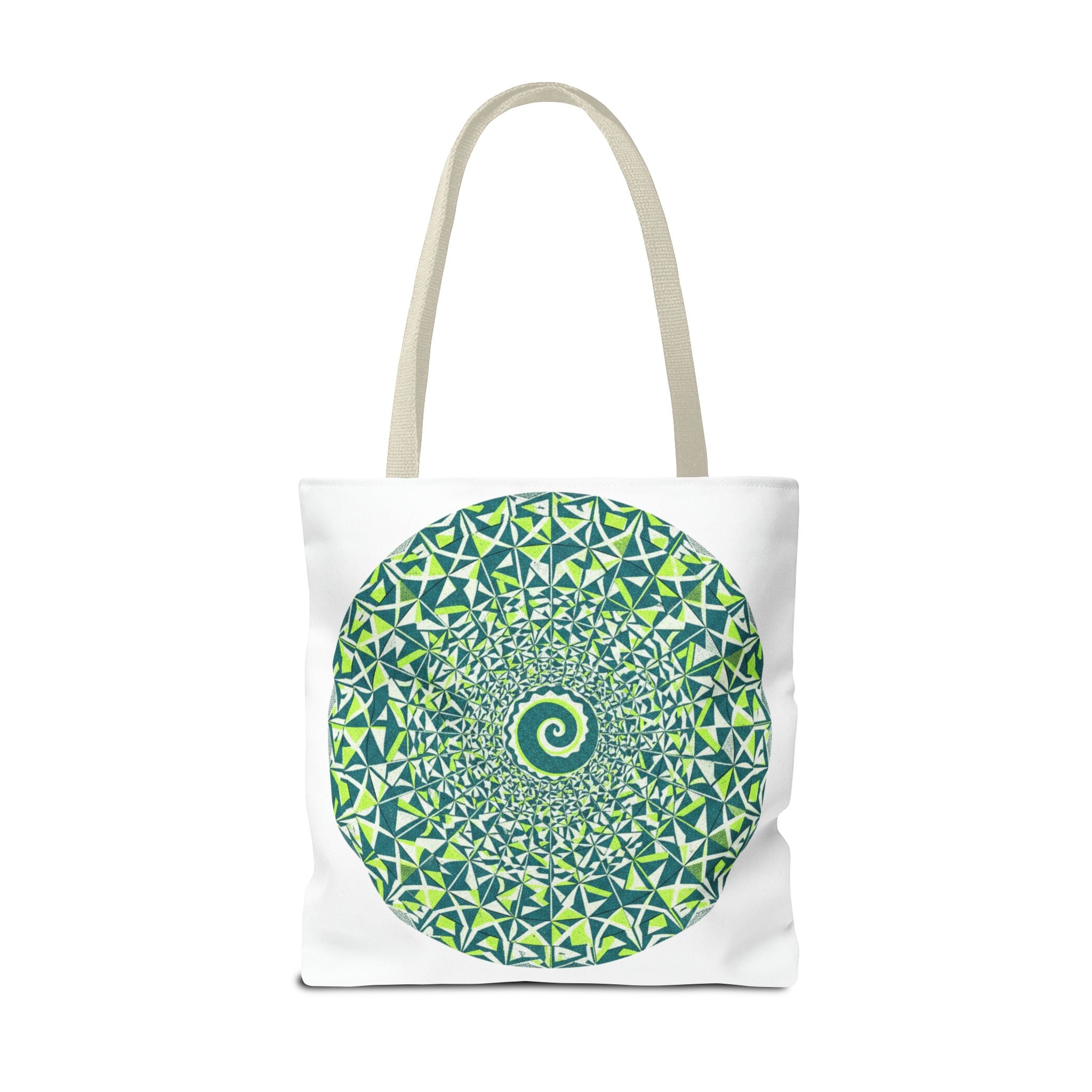 Spiral Mandala Tote Bag — Green Geometric All-Over Print Tote