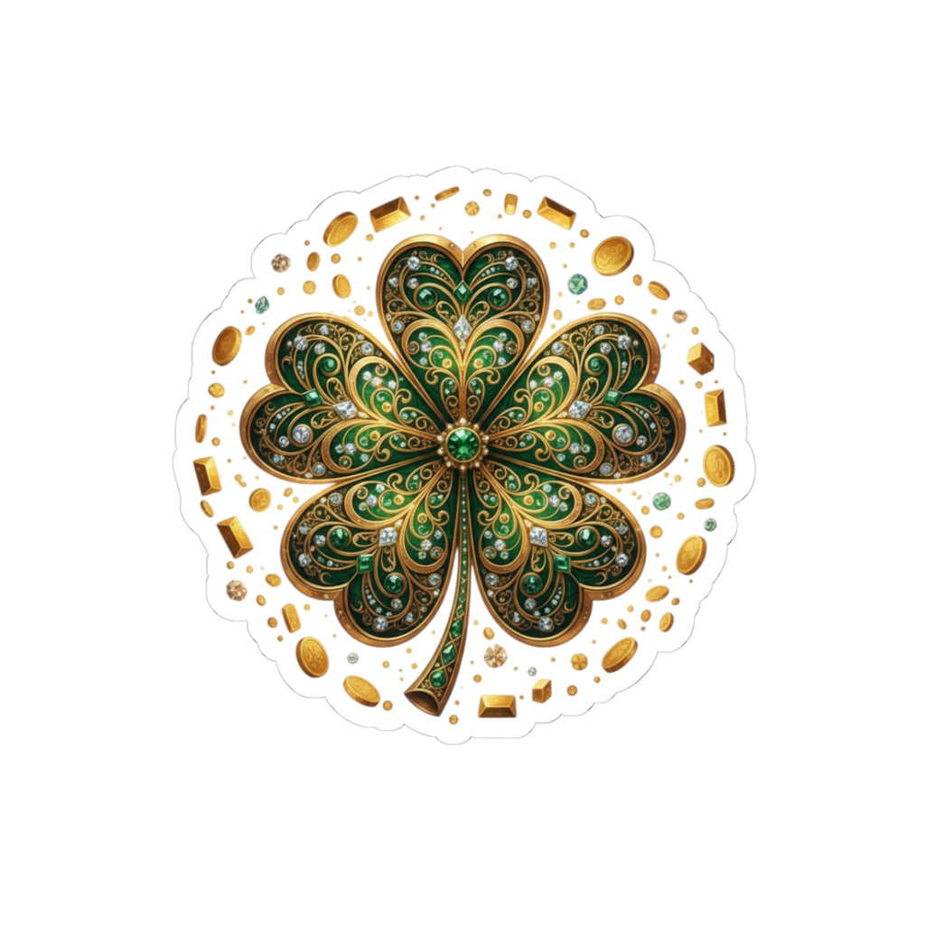 Celtic Gem Shamrock Sticker — Sparkling Green Four-Leaf Clove Kiss-Cut Decal