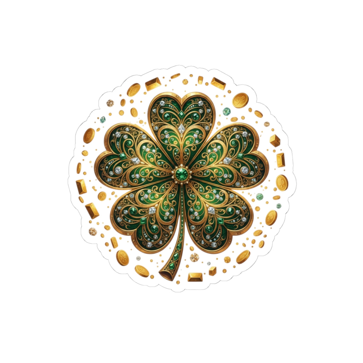 Celtic Gem Shamrock Sticker — Sparkling Green Four-Leaf Clove Kiss-Cut Decal
