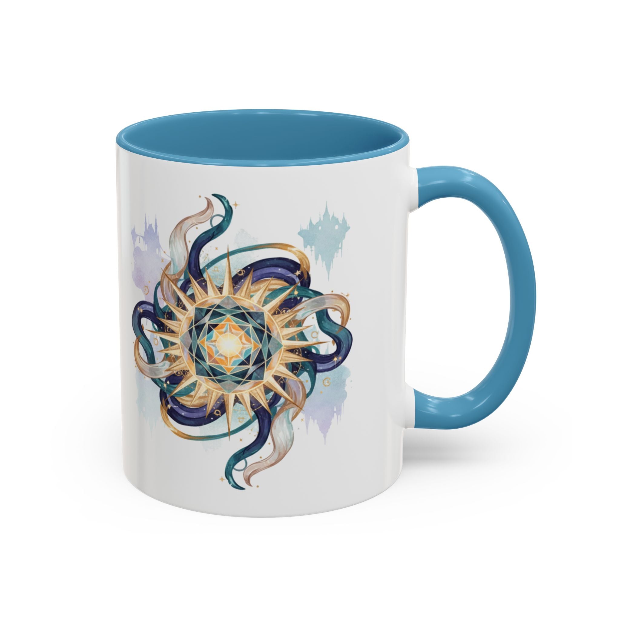 Celestial Nautilus Accent Coffee Mug — Ocean Sun Compass Art (11/15oz)