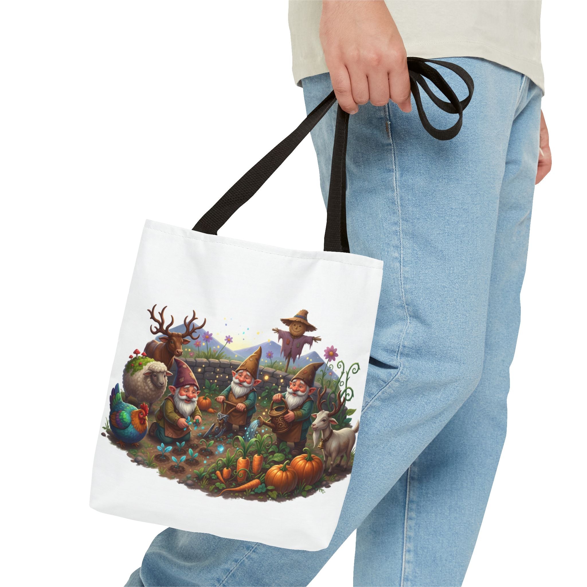 Gnome Garden Tote Bag — Whimsical Gnome & Pumpkin Illustration AOP Tote