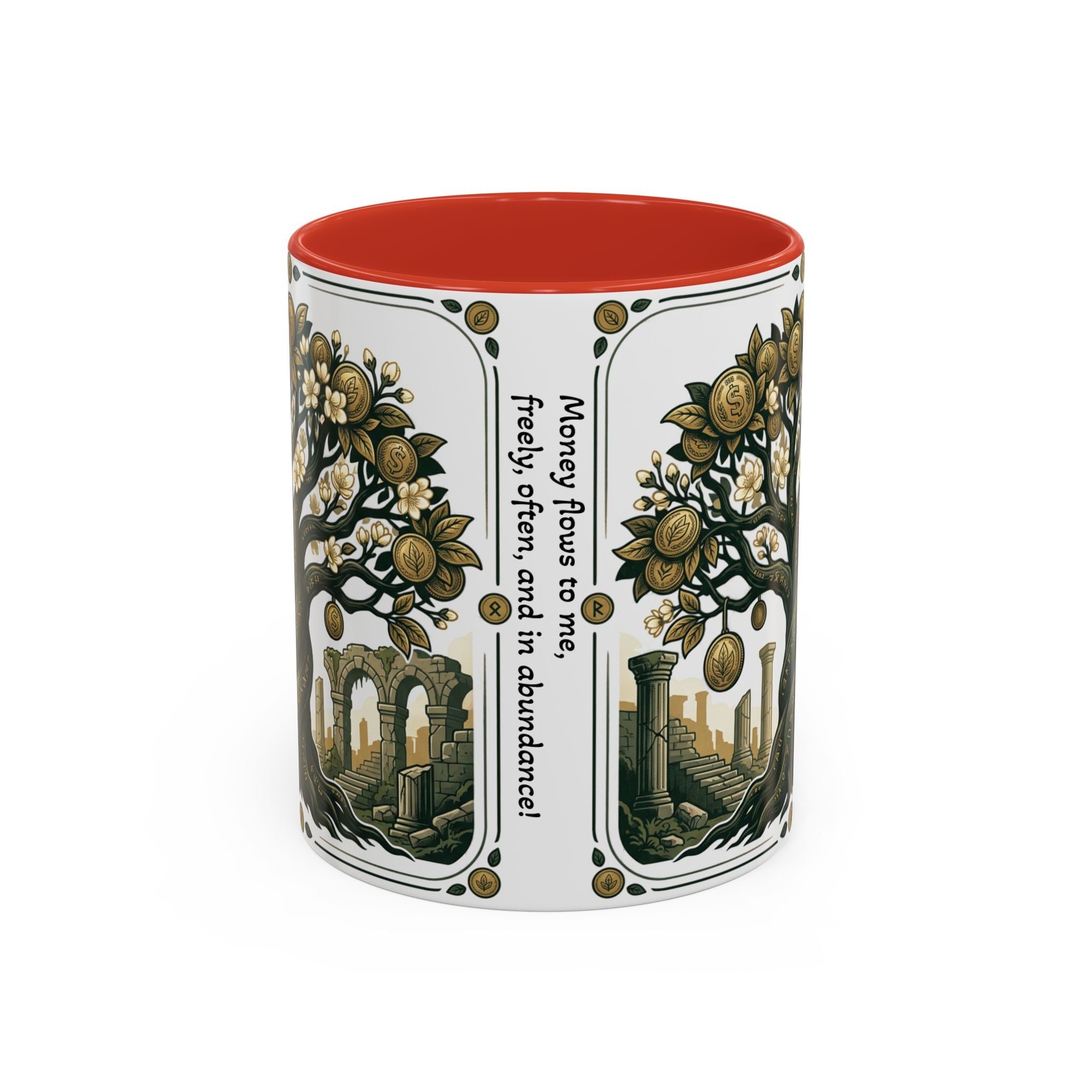 Ornate Tree of Coins Coffee Mug — Gold Ruins Accent Ceramic Mug (11/15oz)