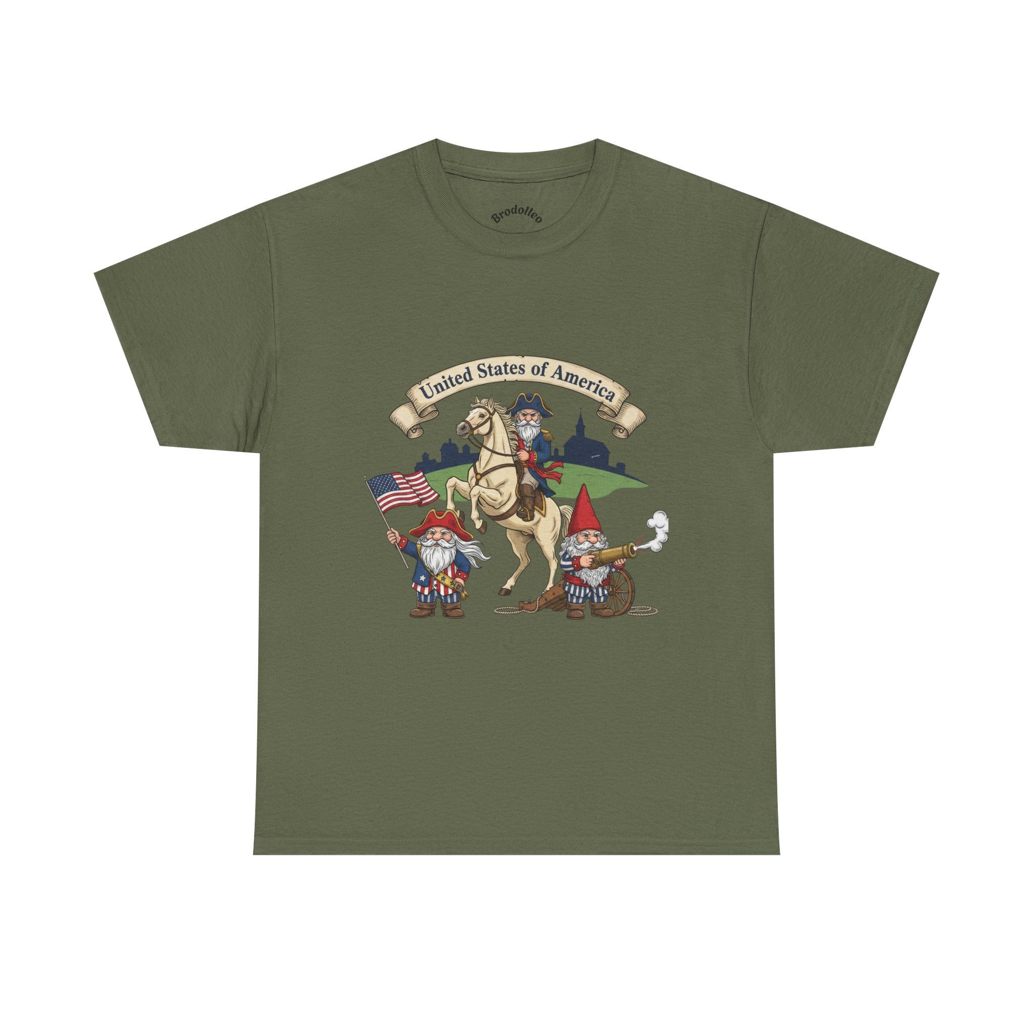 Patriotic Gnome & Horse Tee — "United States of America" Graphic T-Shirt