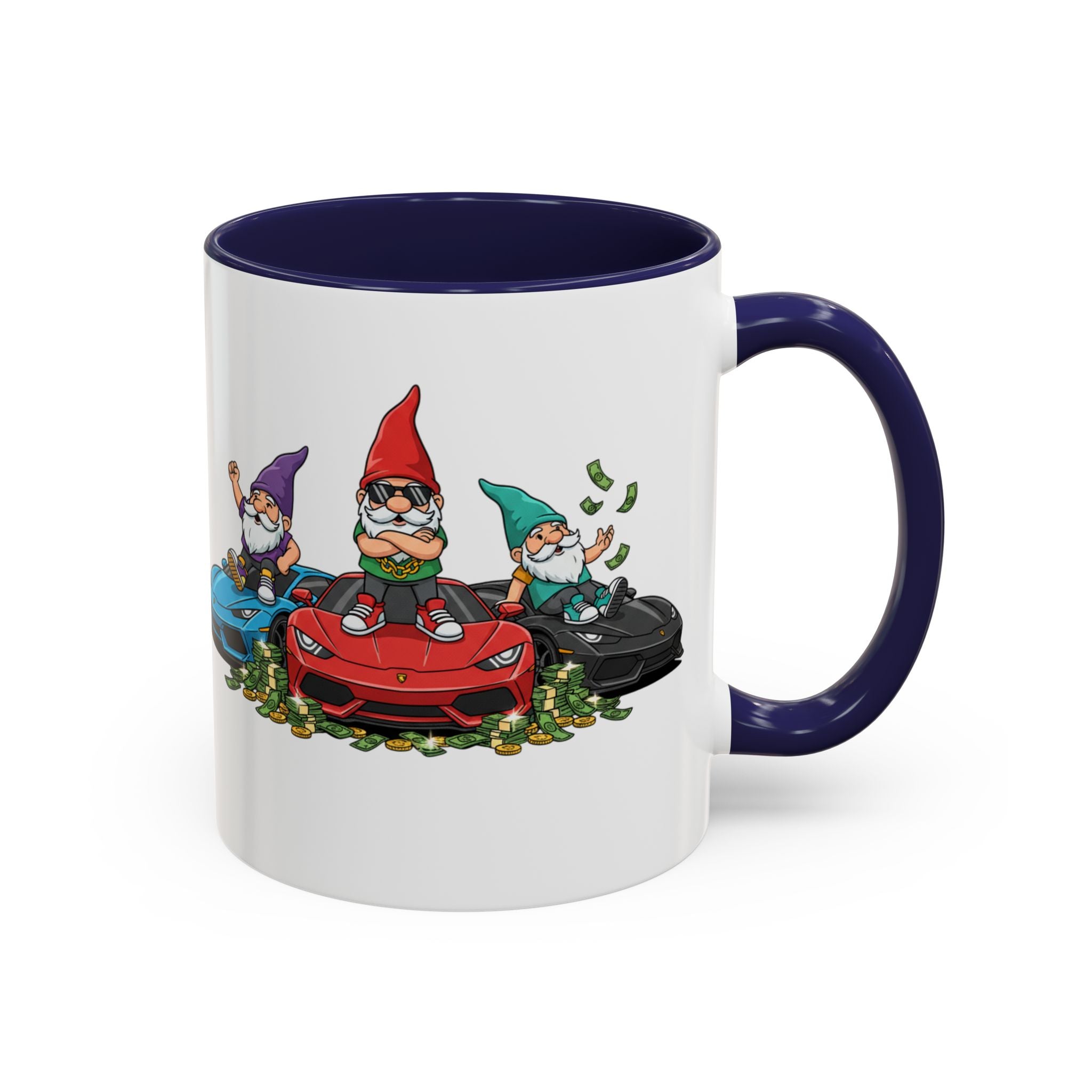 Gnome Car Crew Accent Coffee Mug — Racing Gnomes with Sports Cars (11/15oz)