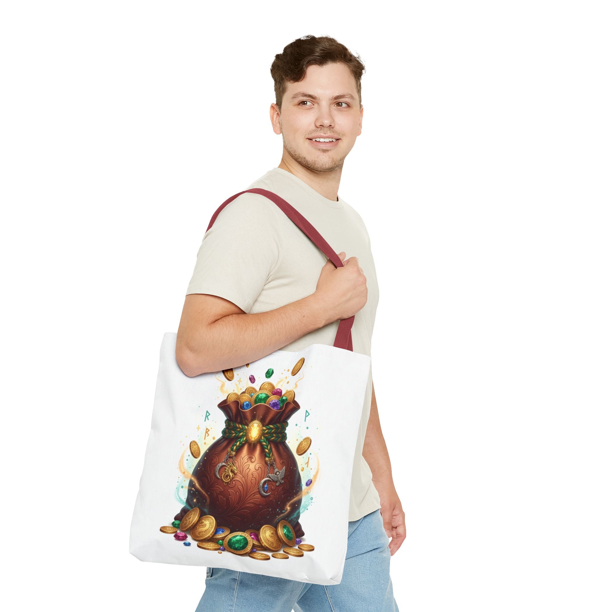 Treasure Pouch Tote Bag — Colorful Gem & Gold Coin All-Over Print Tote