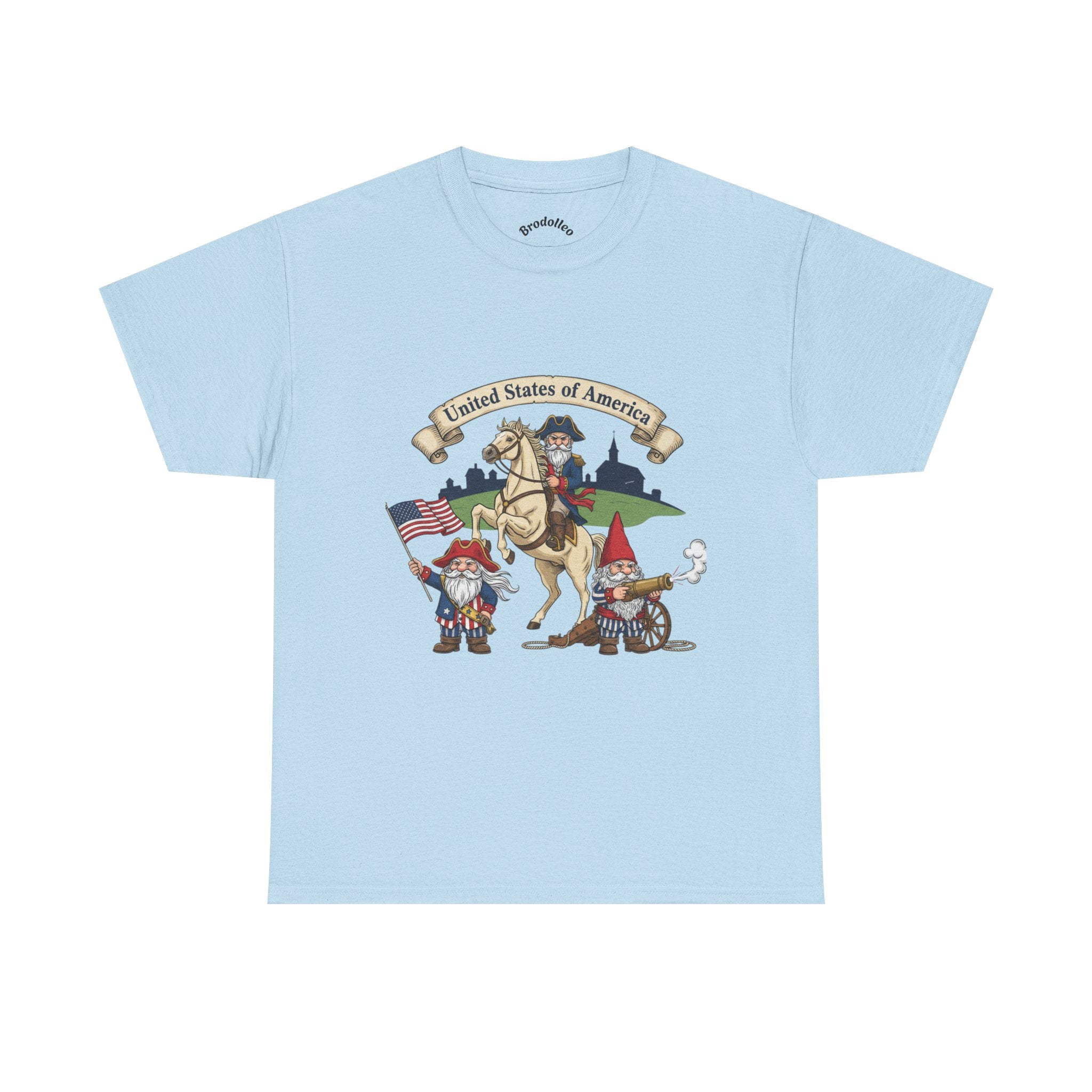 Patriotic Gnome & Horse Tee — "United States of America" Graphic T-Shirt