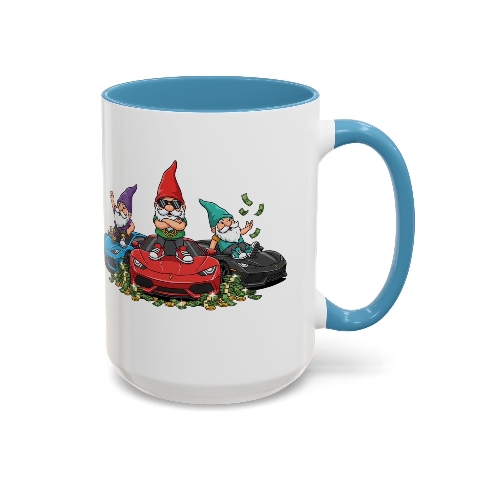 Gnome Car Crew Accent Coffee Mug — Racing Gnomes with Sports Cars (11/15oz)