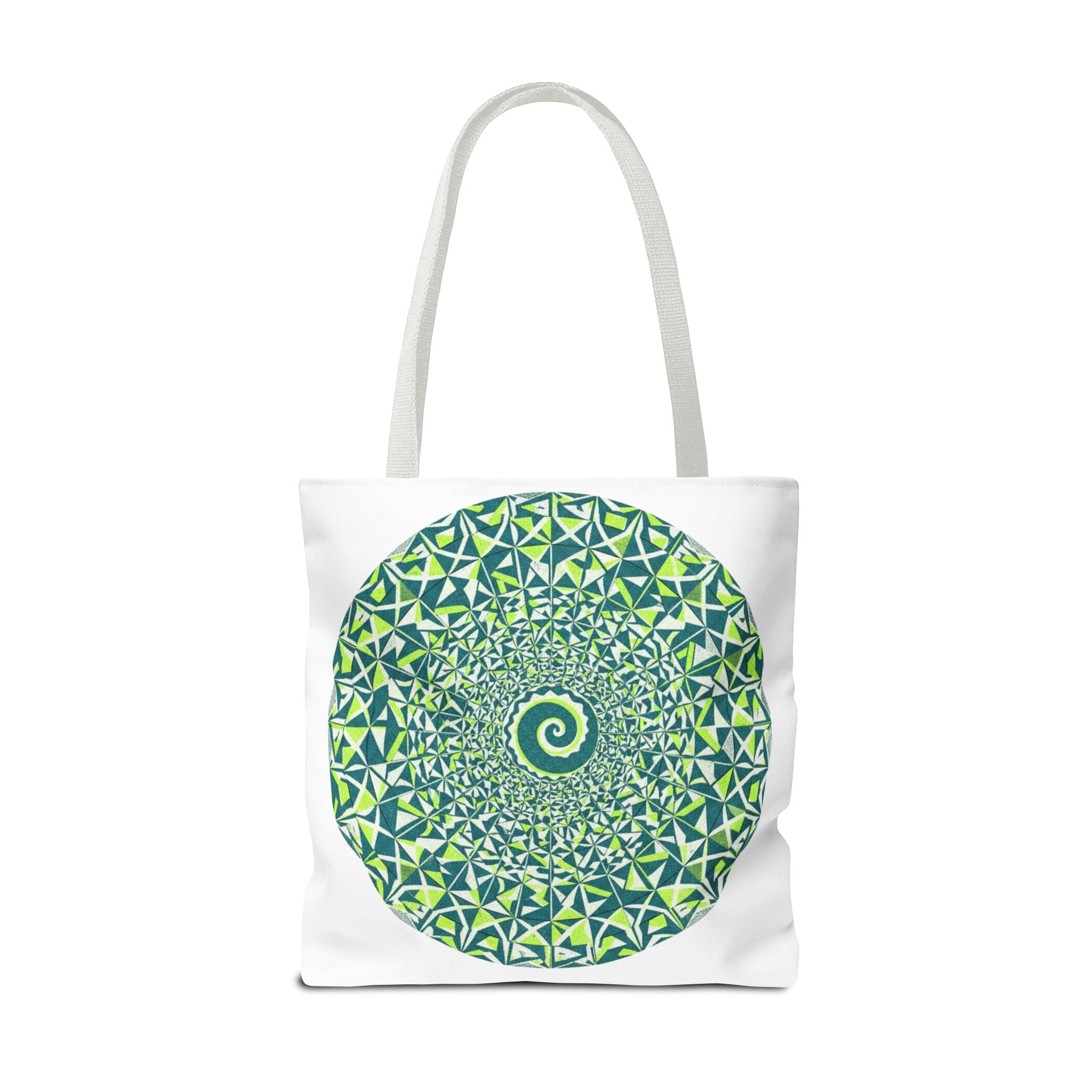 Spiral Mandala Tote Bag — Green Geometric All-Over Print Tote