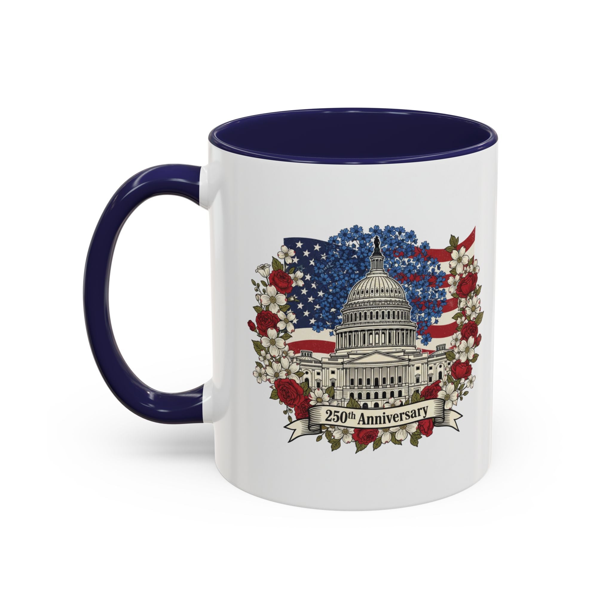 Capitol 250th Anniversary Accent Coffee Mug – Patriotic American Flag Floral Design (11/15oz)