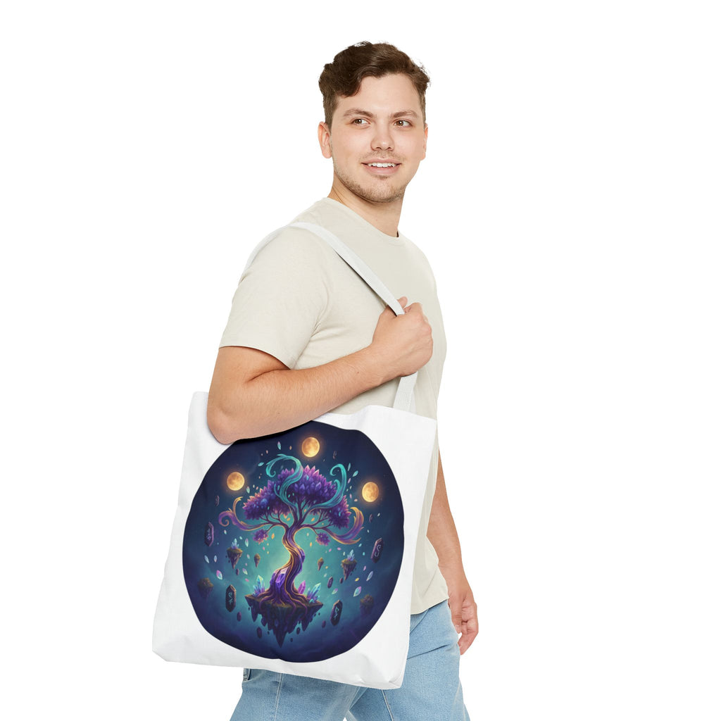 Mystic Floating Tree Tote Bag — Cosmic Moonlight Illustration All-Over Print