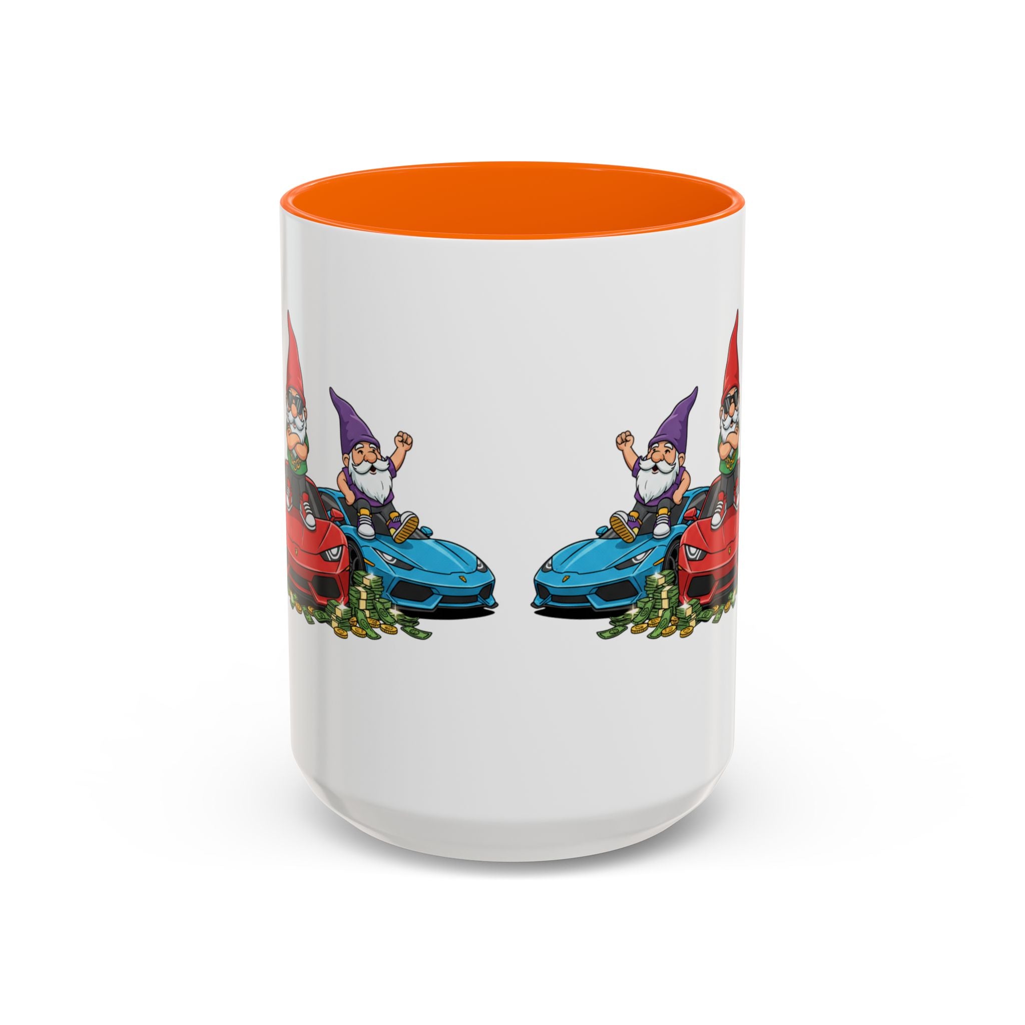 Gnome Car Crew Accent Coffee Mug — Racing Gnomes with Sports Cars (11/15oz)