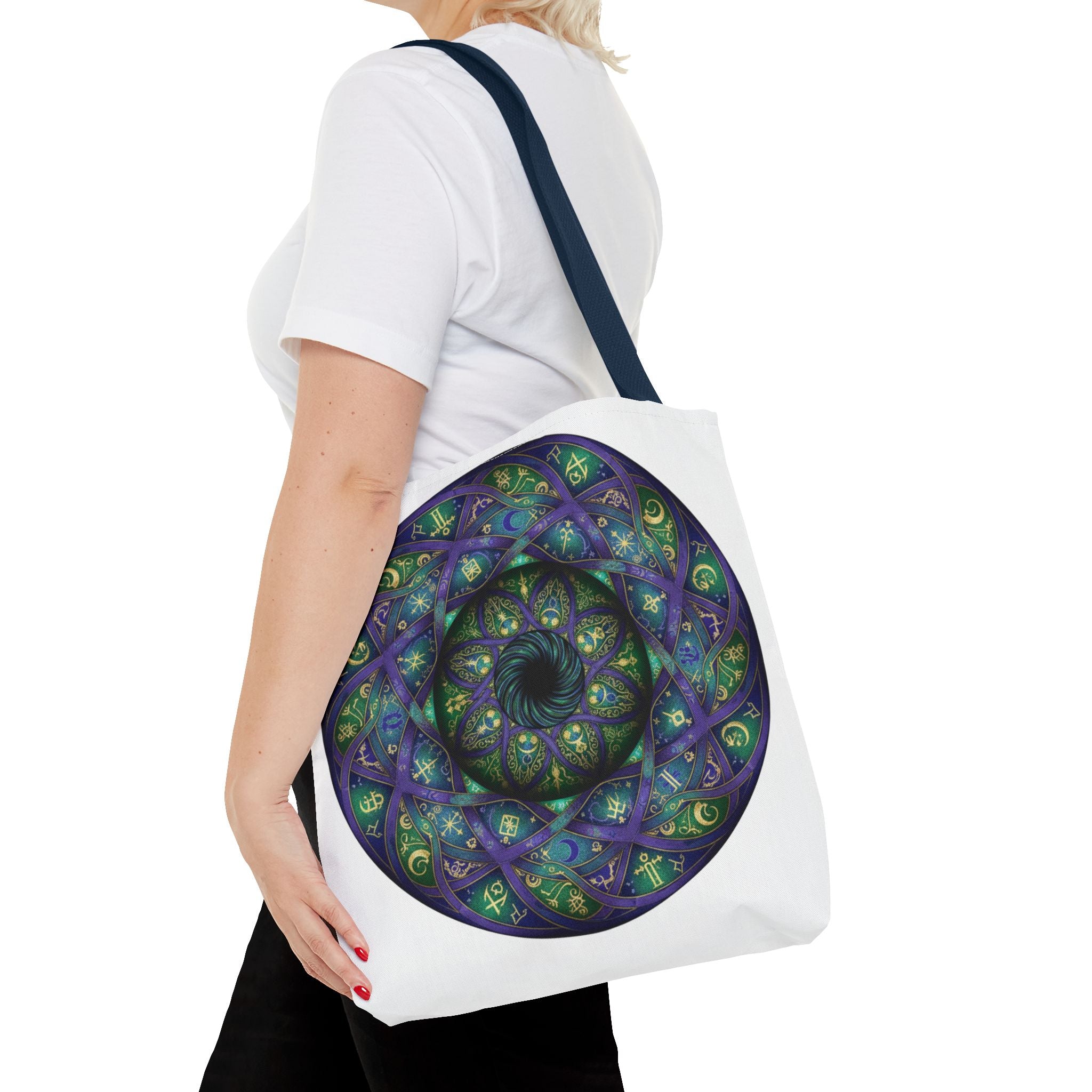 Mystic Mandala Tote Bag — Purple Green Spiral All-Over Print