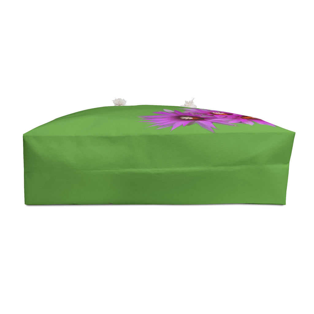Weekender Bag — Green Tote with Vibrant Purple Flowers | Floral Beach & Travel Bag