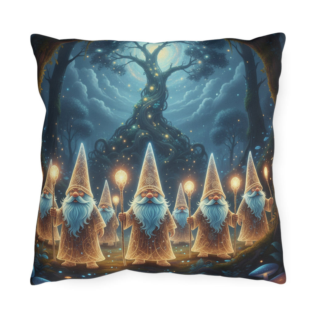 Whimsical Gnome Lantern Outdoor Pillow — Magical Forest Garden Decor