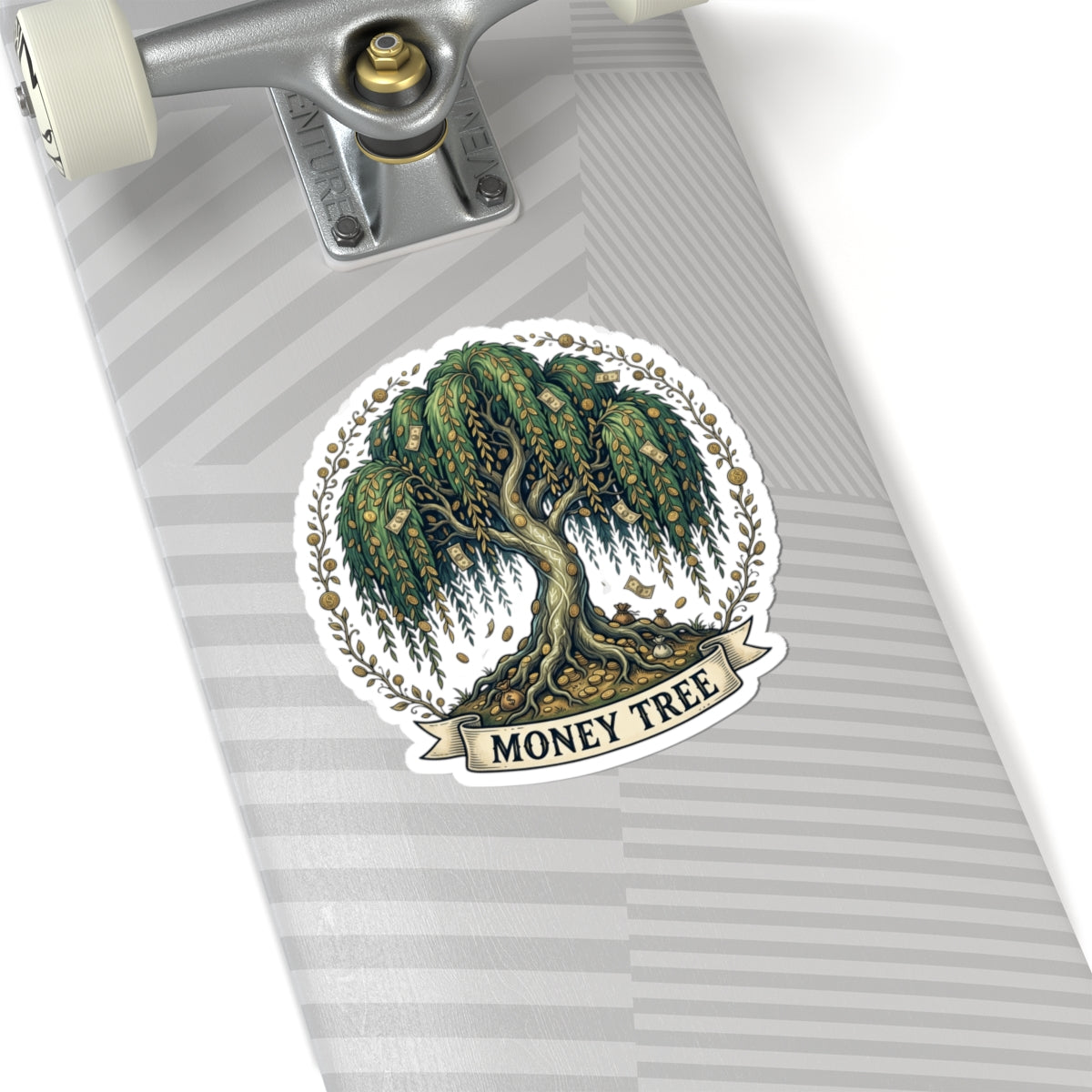 Money Tree Sticker — Illustrated Willow with Cash Leaves, Lucky Finance Laptop Decal