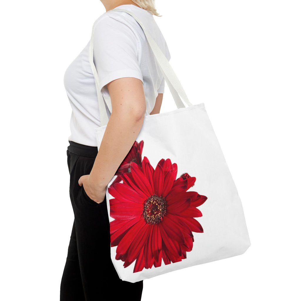 Red Gerbera Floral Tote Bag – Bright Daisy Print Canvas Tote