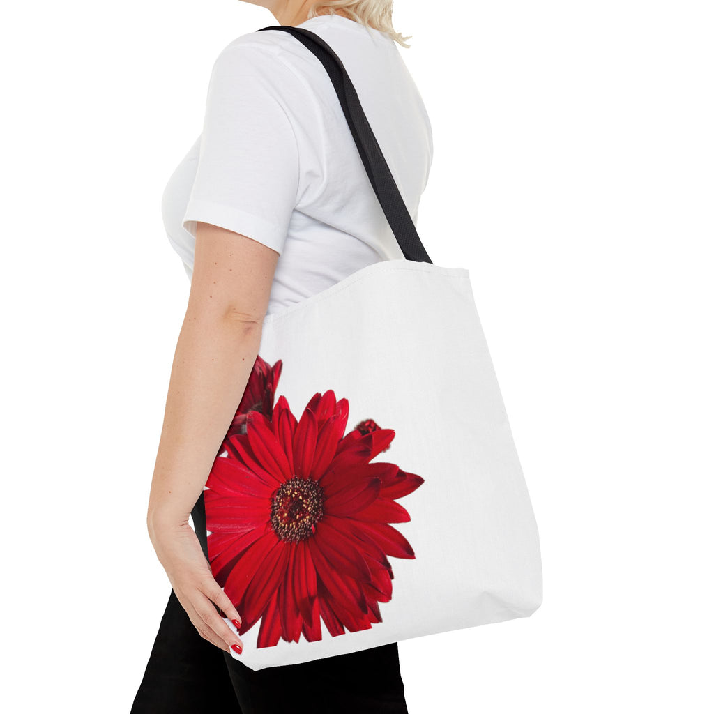 Red Gerbera Floral Tote Bag – Bright Daisy Print Canvas Tote