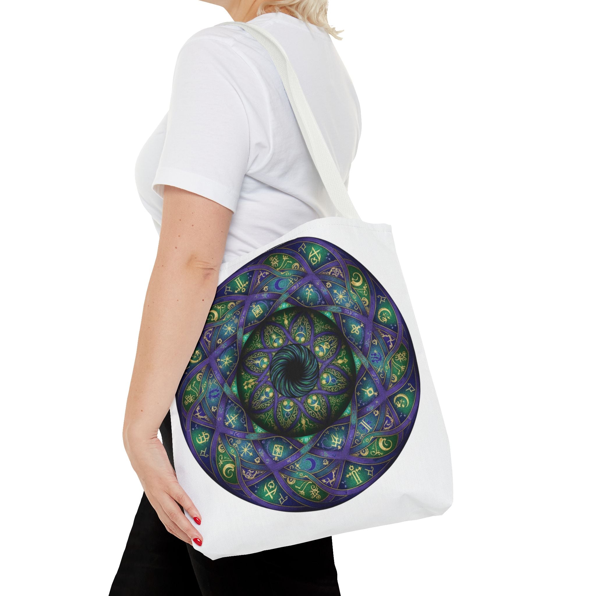 Mystic Mandala Tote Bag — Purple Green Spiral All-Over Print