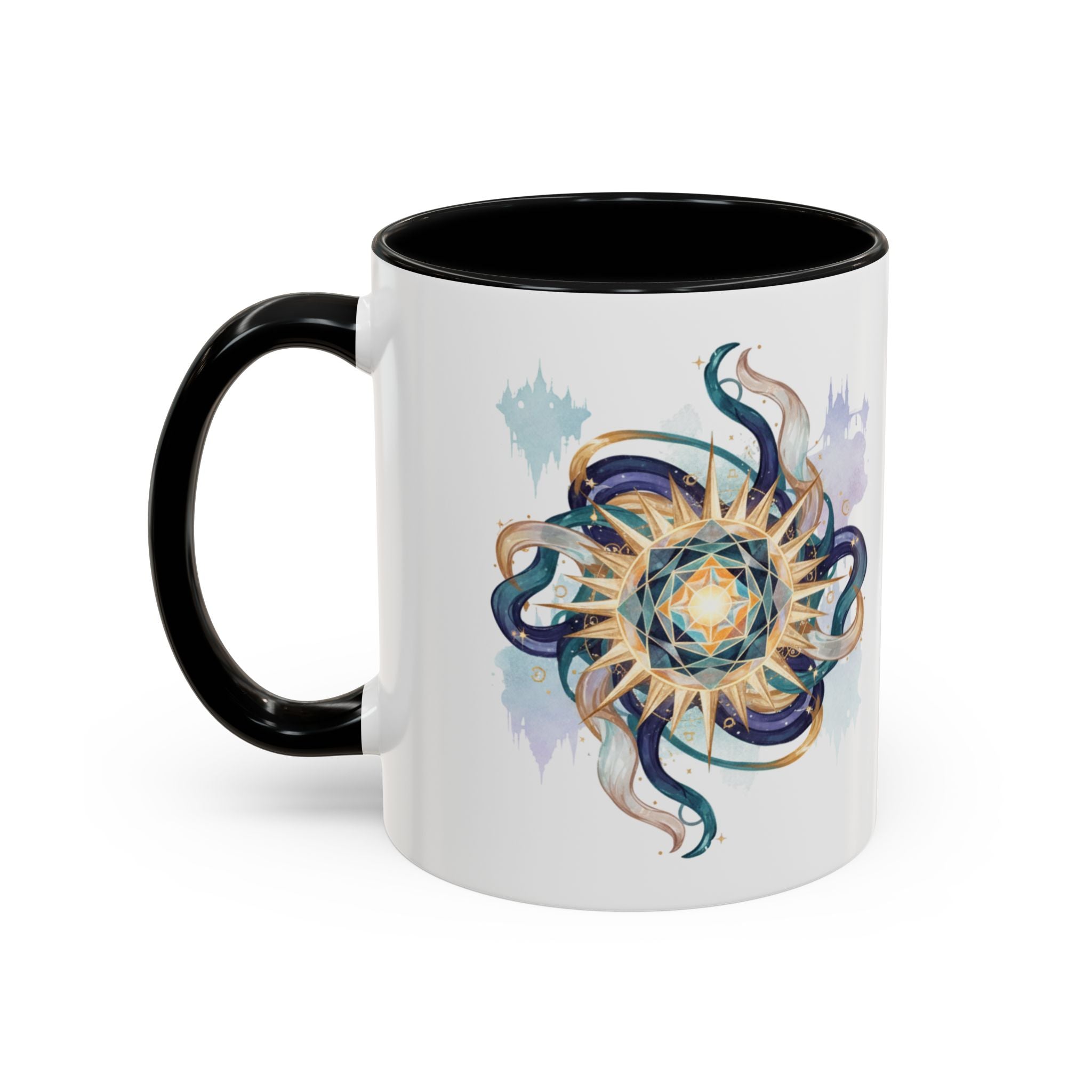 Celestial Nautilus Accent Coffee Mug — Ocean Sun Compass Art (11/15oz)