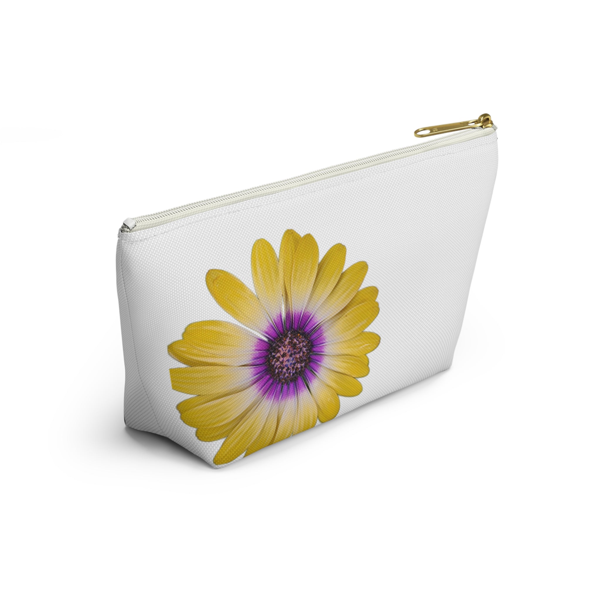 Yellow Purple Daisy Accessory Pouch — Floral Makeup Bag with T-Bottom