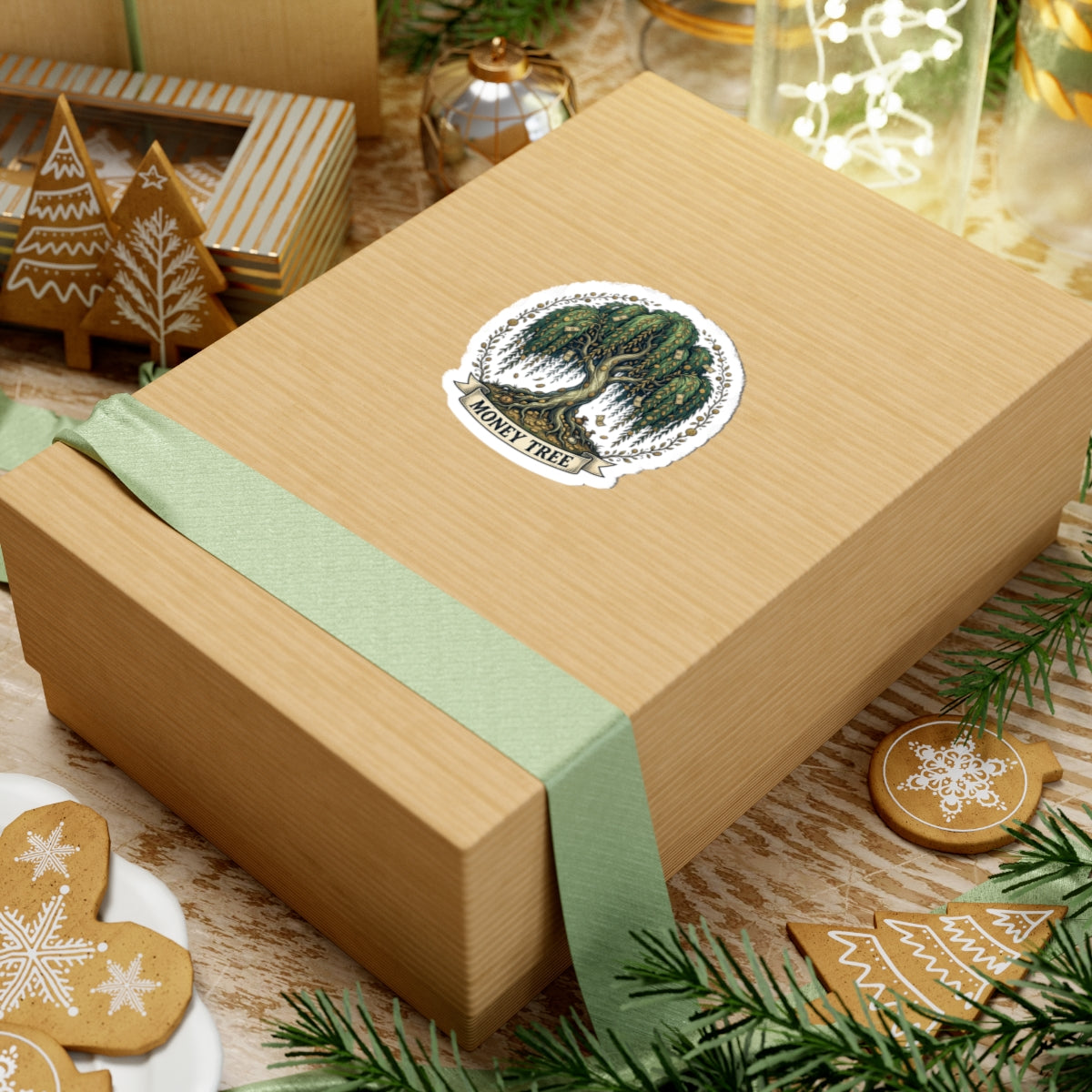 Money Tree Sticker — Illustrated Willow with Cash Leaves, Lucky Finance Laptop Decal