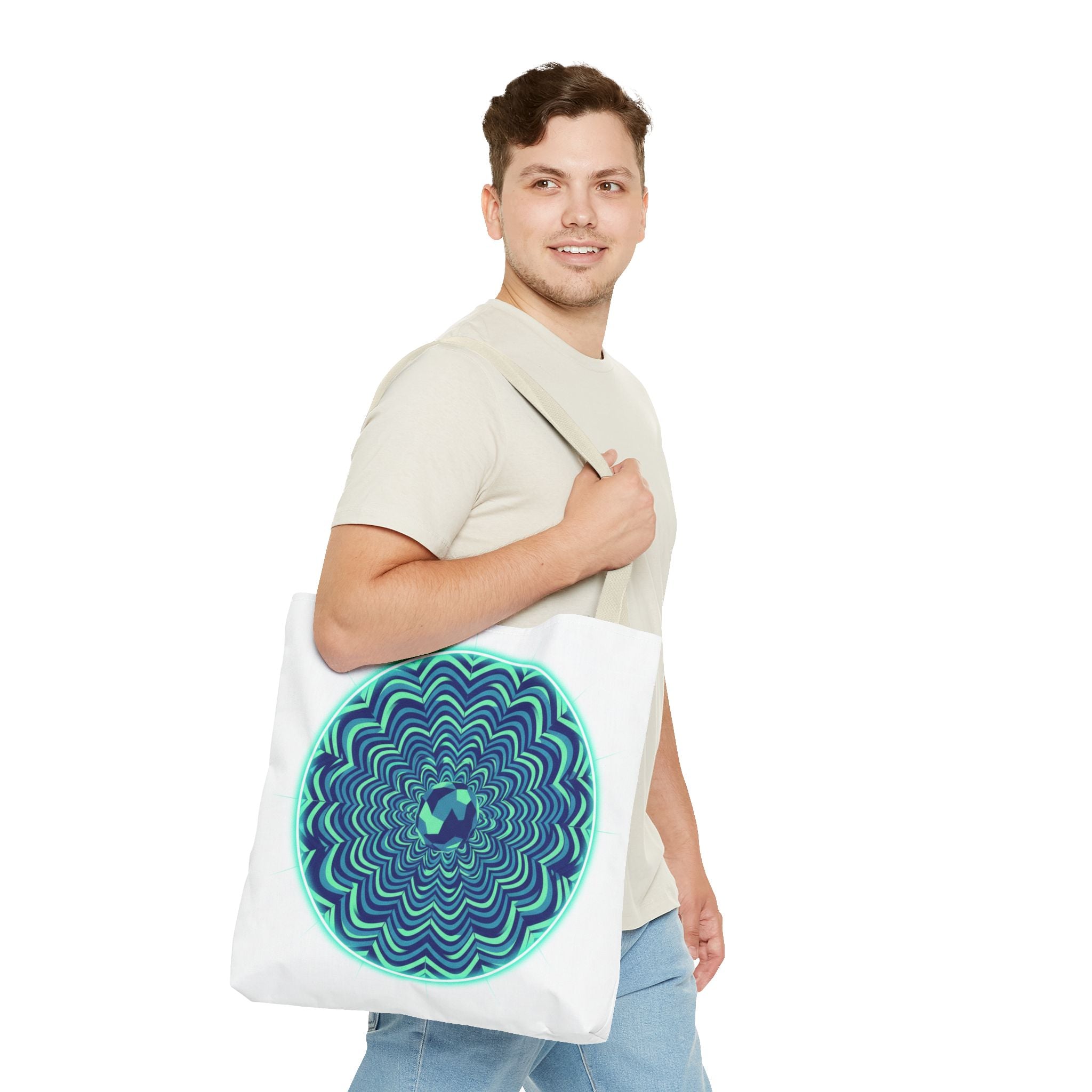 Psychedelic Mandala Tote Bag — Blue Green Optical Art All-Over Print