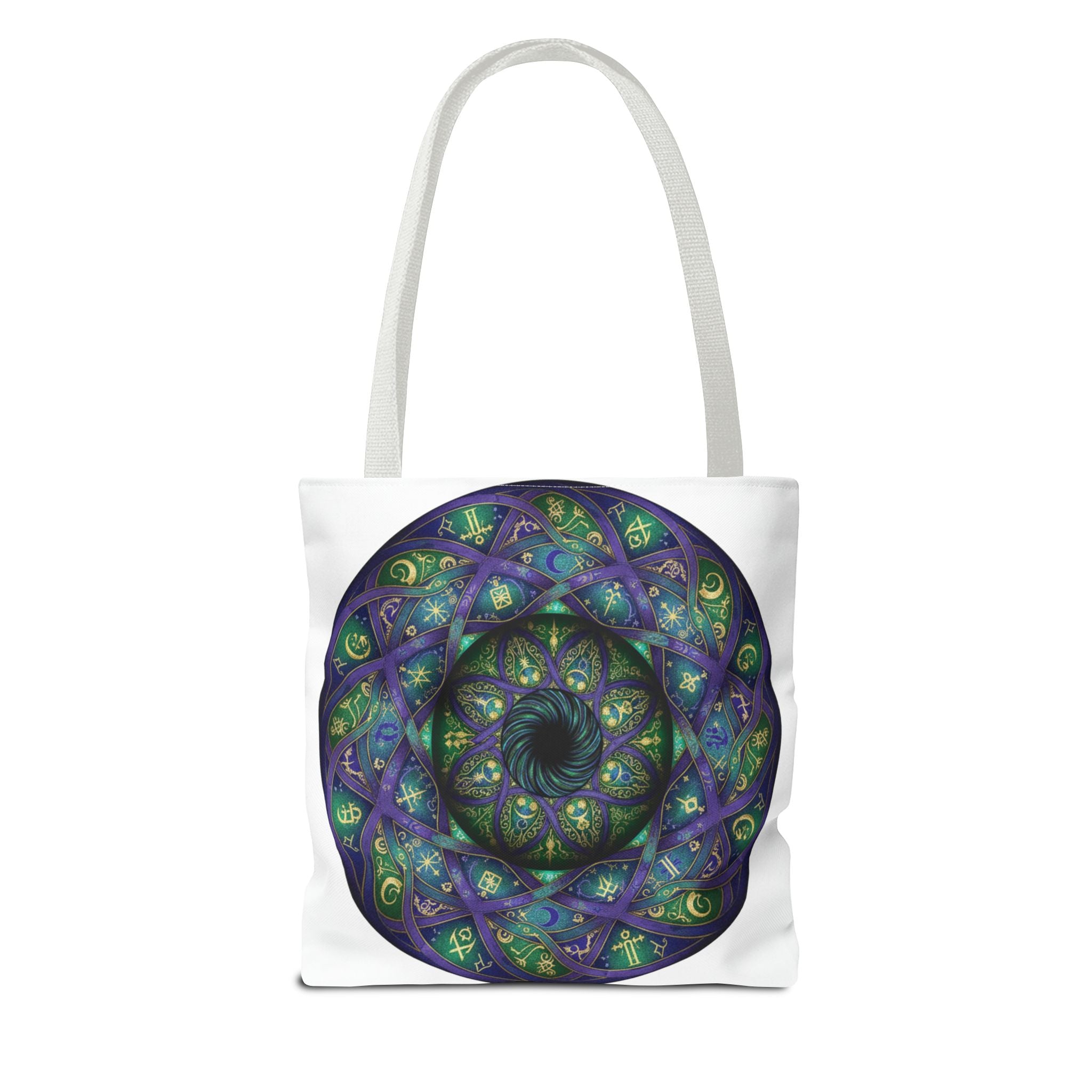 Mystic Mandala Tote Bag — Purple Green Spiral All-Over Print